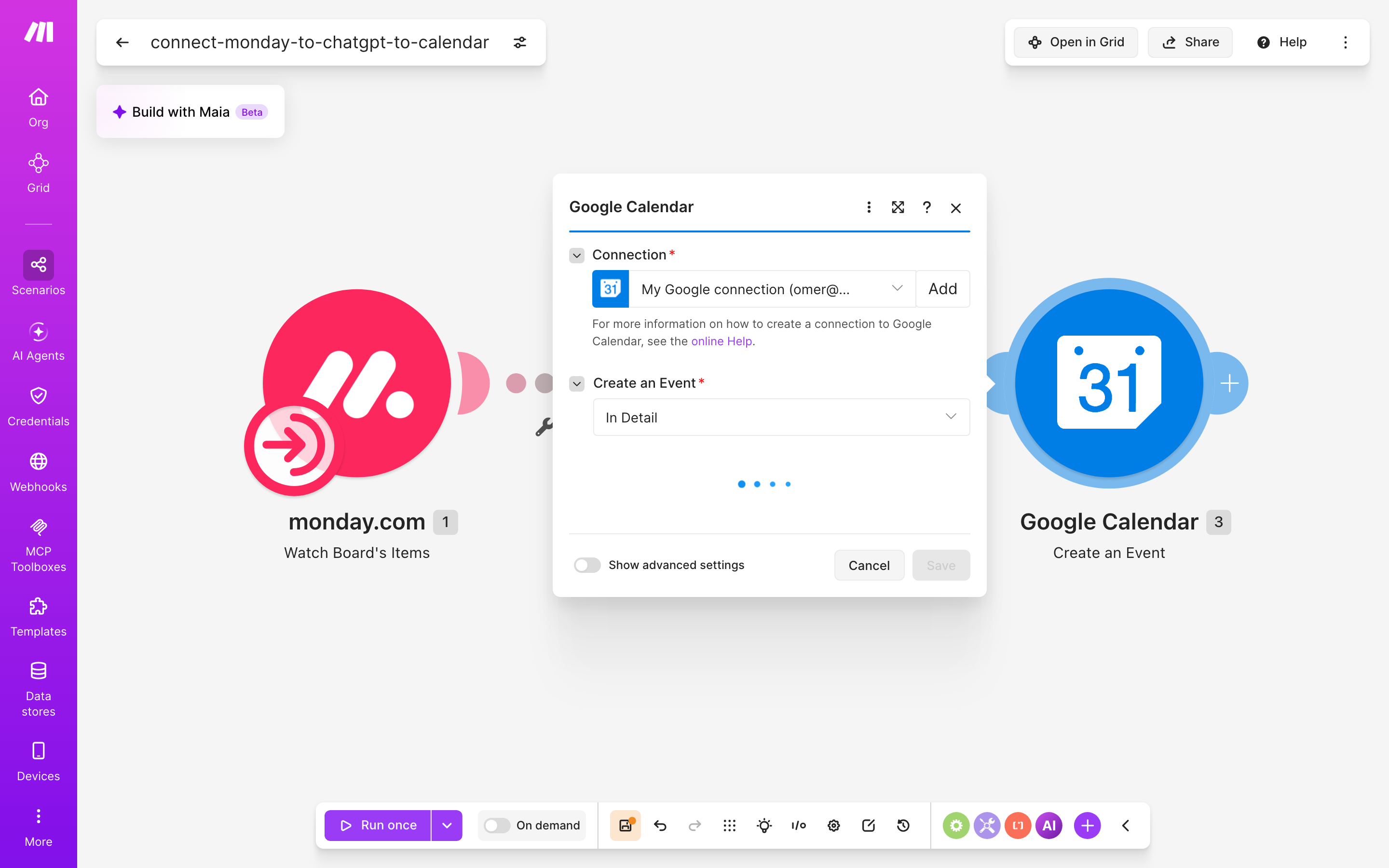 איך מחברים monday.com ל-Google Calendar — פריט חדש בלוח → ChatGPT מנסח בעברית → נוצר אירוע ביומן 5 הגדרות המודול Google Calendar — Create an Event