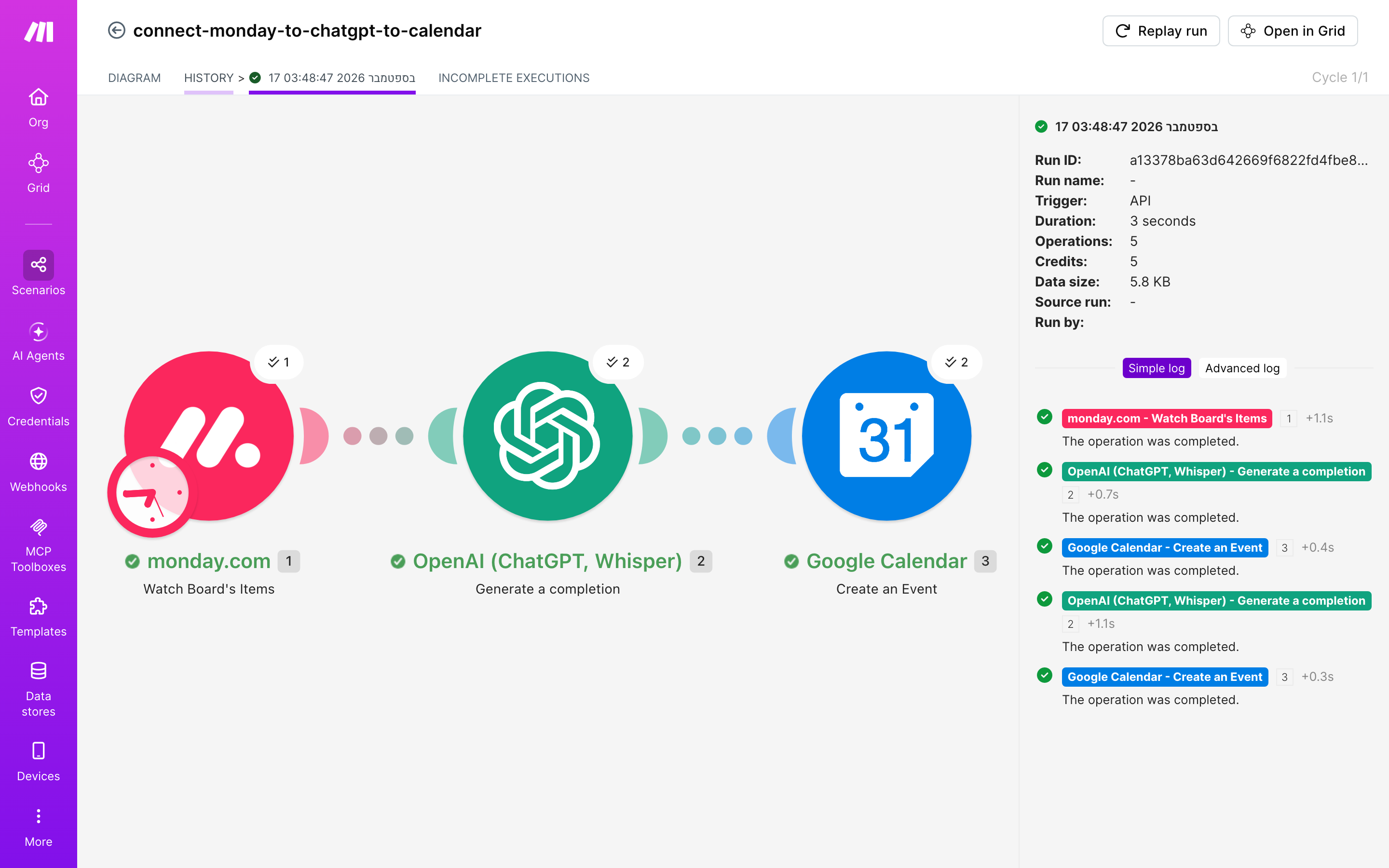 איך מחברים monday.com ל-Google Calendar — פריט חדש בלוח → ChatGPT מנסח בעברית → נוצר אירוע ביומן 6 היסטוריית-הריצות: ריצה ירוקה, 5 פעולות, 17.9.2026