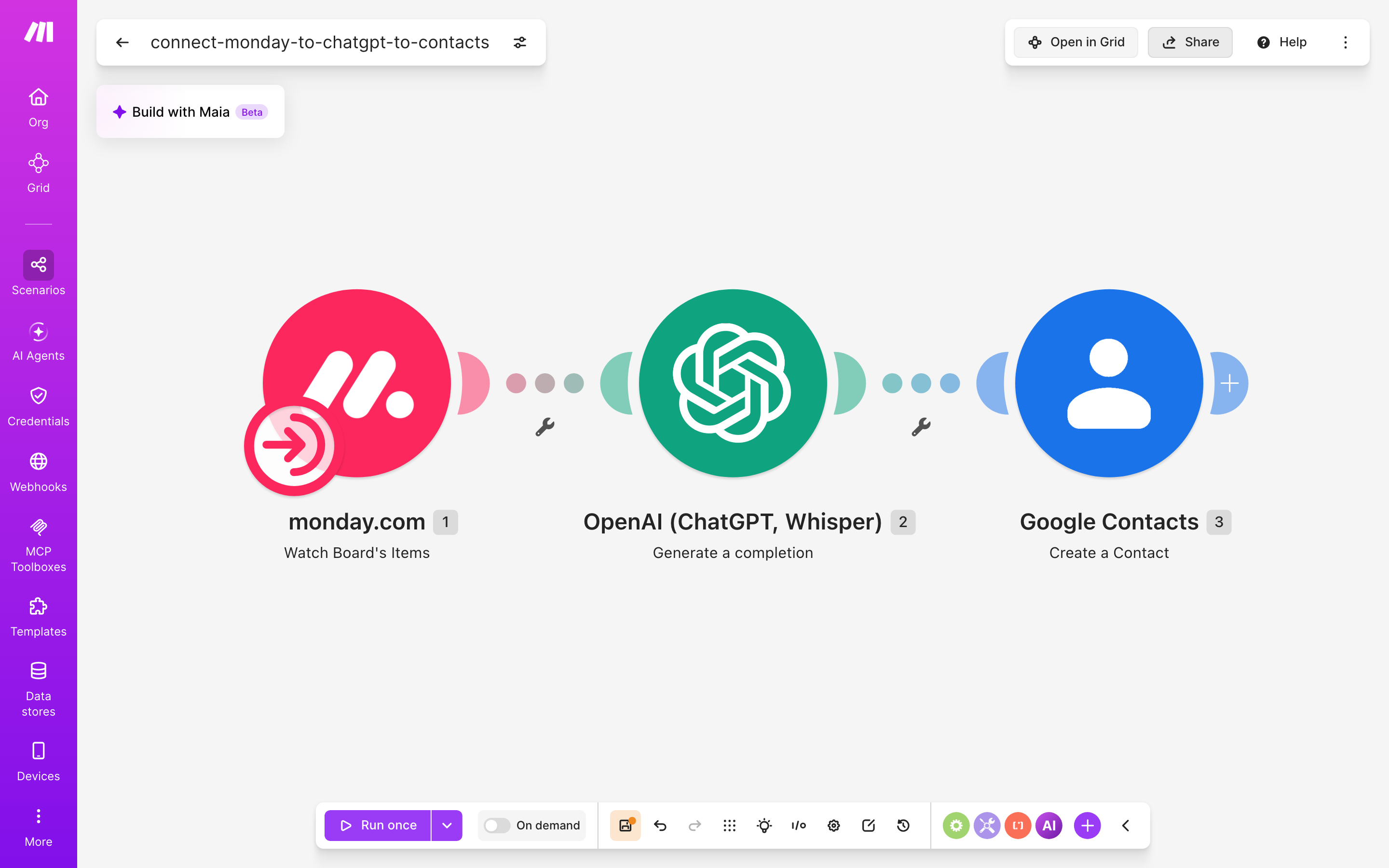 עורך התרחיש — monday.com (Watch Board's Items) → ChatGPT (Generate a completion) → google-contacts (Create Acontact)