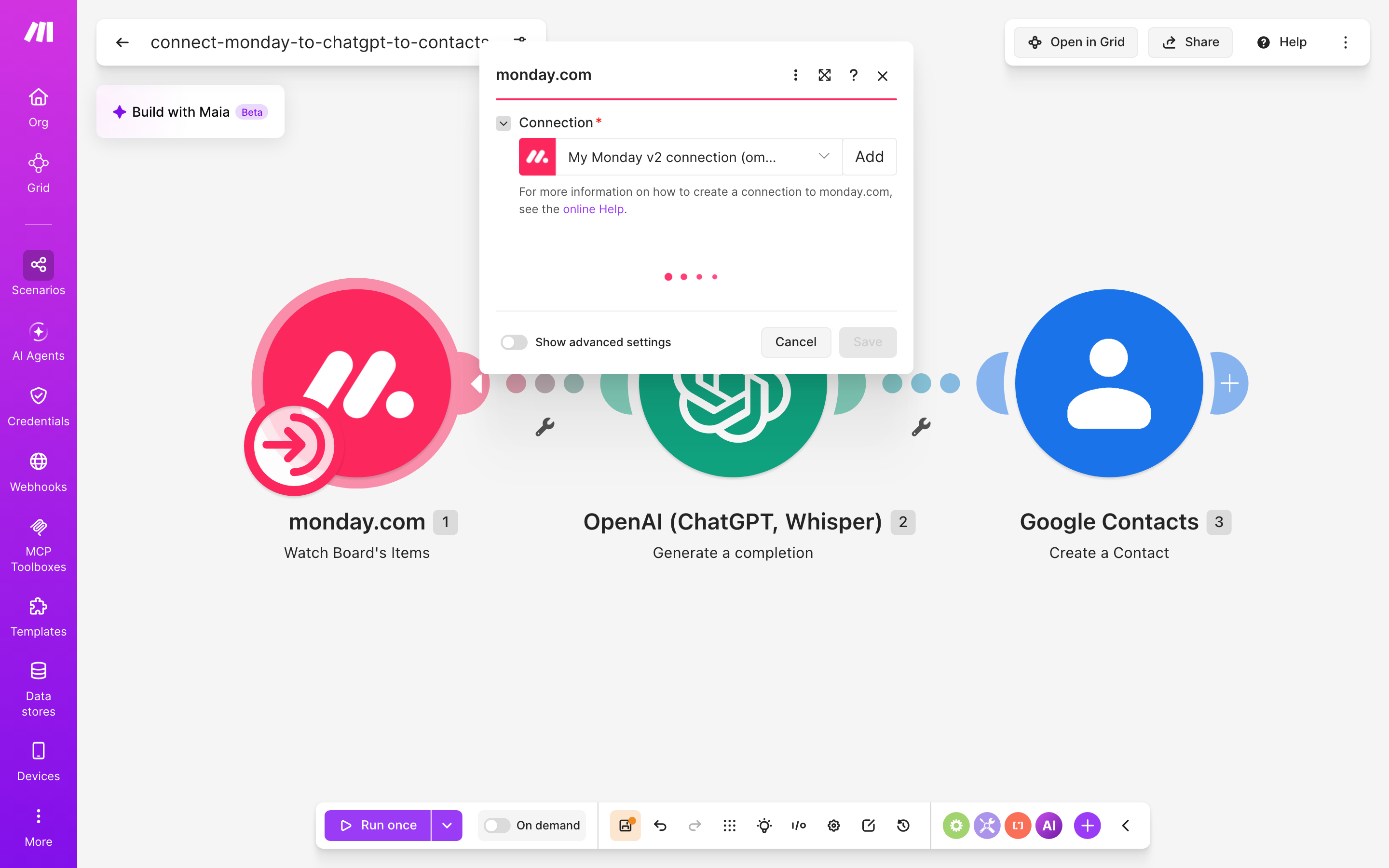 איך מחברים monday.com ל-contacts — פריט חדש בלוח → ChatGPT מנסח בעברית → נוצר איש-קשר 3 הגדרות המודול monday.com — Watch Board's Items