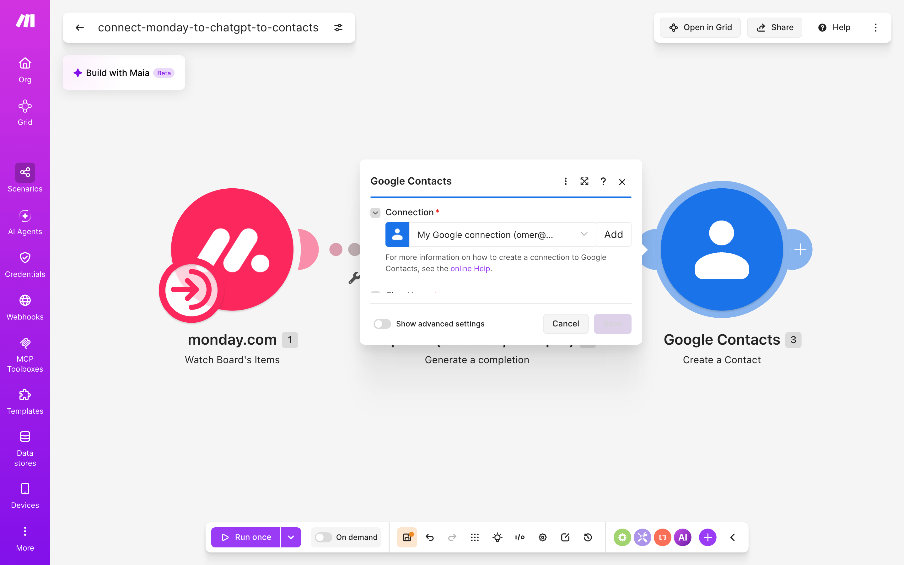 איך מחברים monday.com ל-contacts — פריט חדש בלוח → ChatGPT מנסח בעברית → נוצר איש-קשר 5 הגדרות המודול google-contacts — Create Acontact