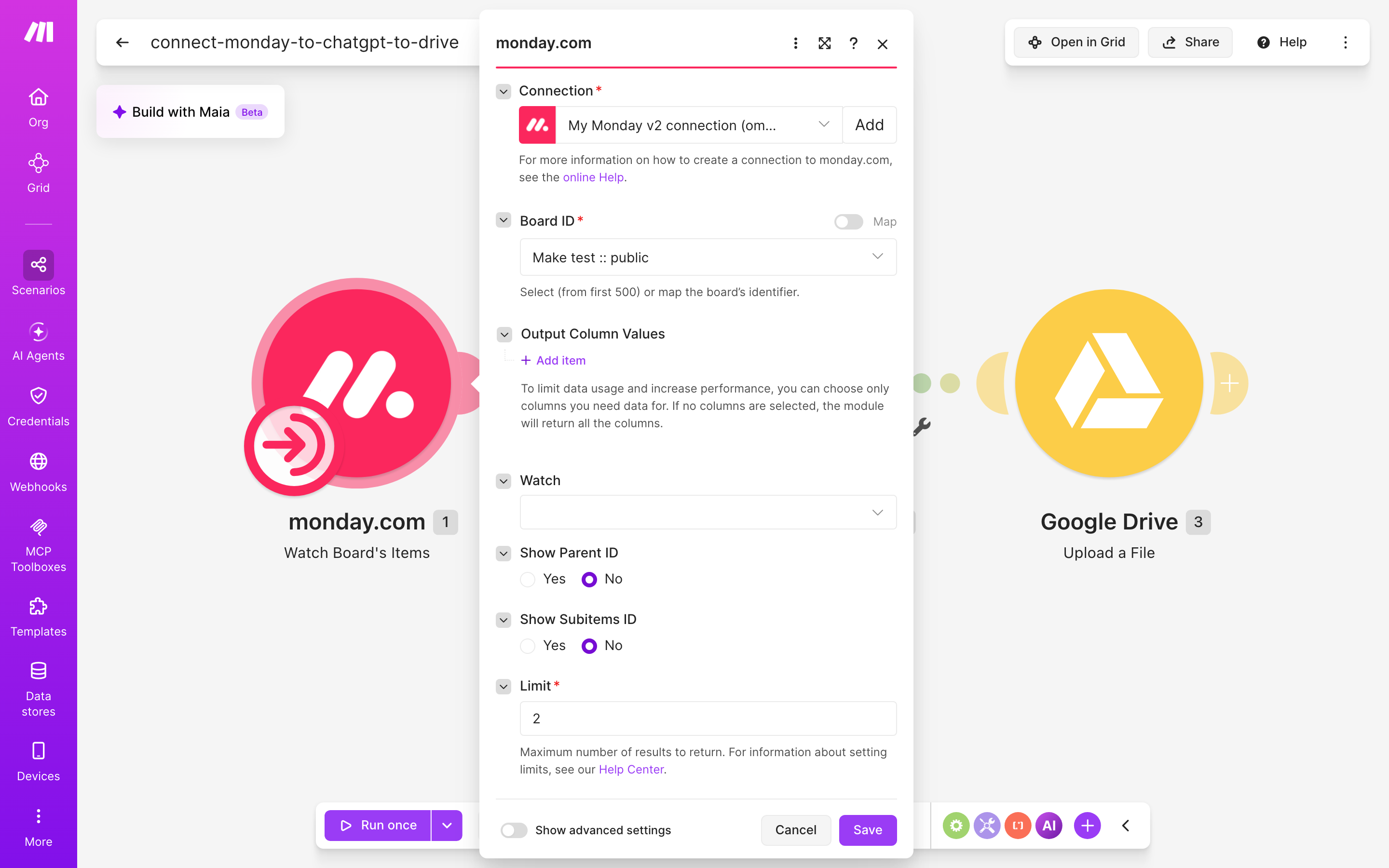 איך מחברים monday.com ל-Google Drive — פריט חדש בלוח → ChatGPT מנסח בעברית → הקובץ נשמר בתיקייה 3 הגדרות המודול monday.com — Watch Board's Items