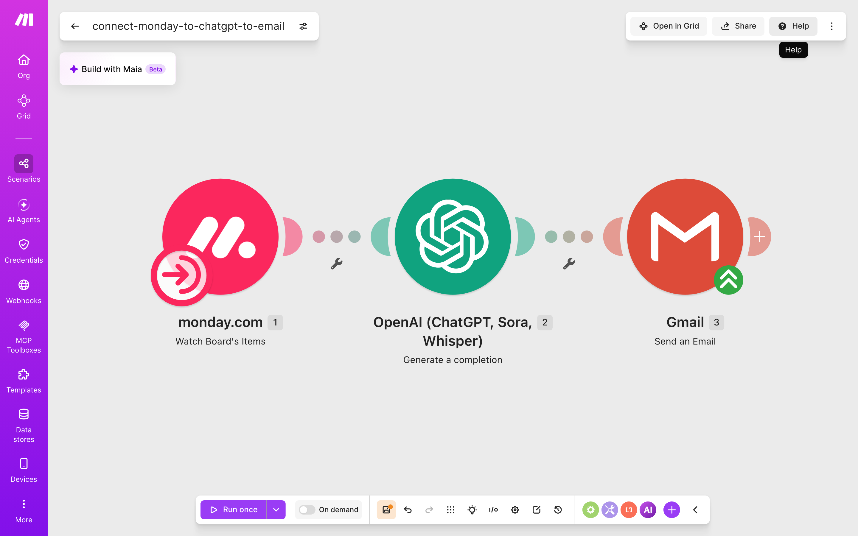 עורך התרחיש — monday.com (Watch Board's Items) → ChatGPT (Generate a completion) → Gmail (Send an Email)