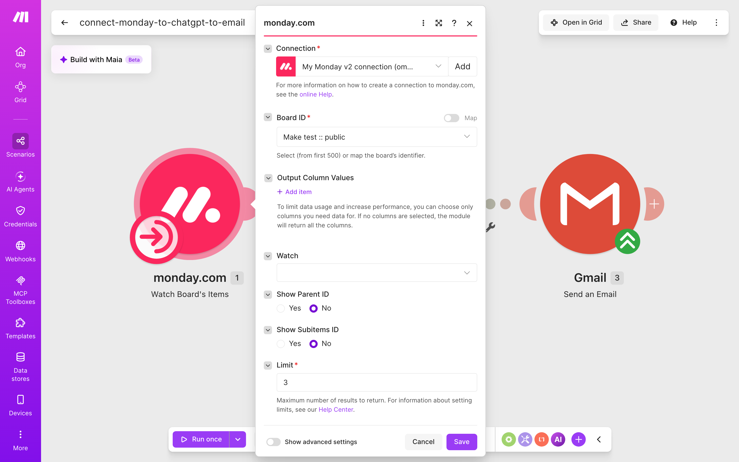 איך מחברים monday.com ל-Gmail — פריט חדש בלוח → ChatGPT מנסח בעברית → נשלח מייל 3 הגדרות המודול monday.com — Watch Board's Items