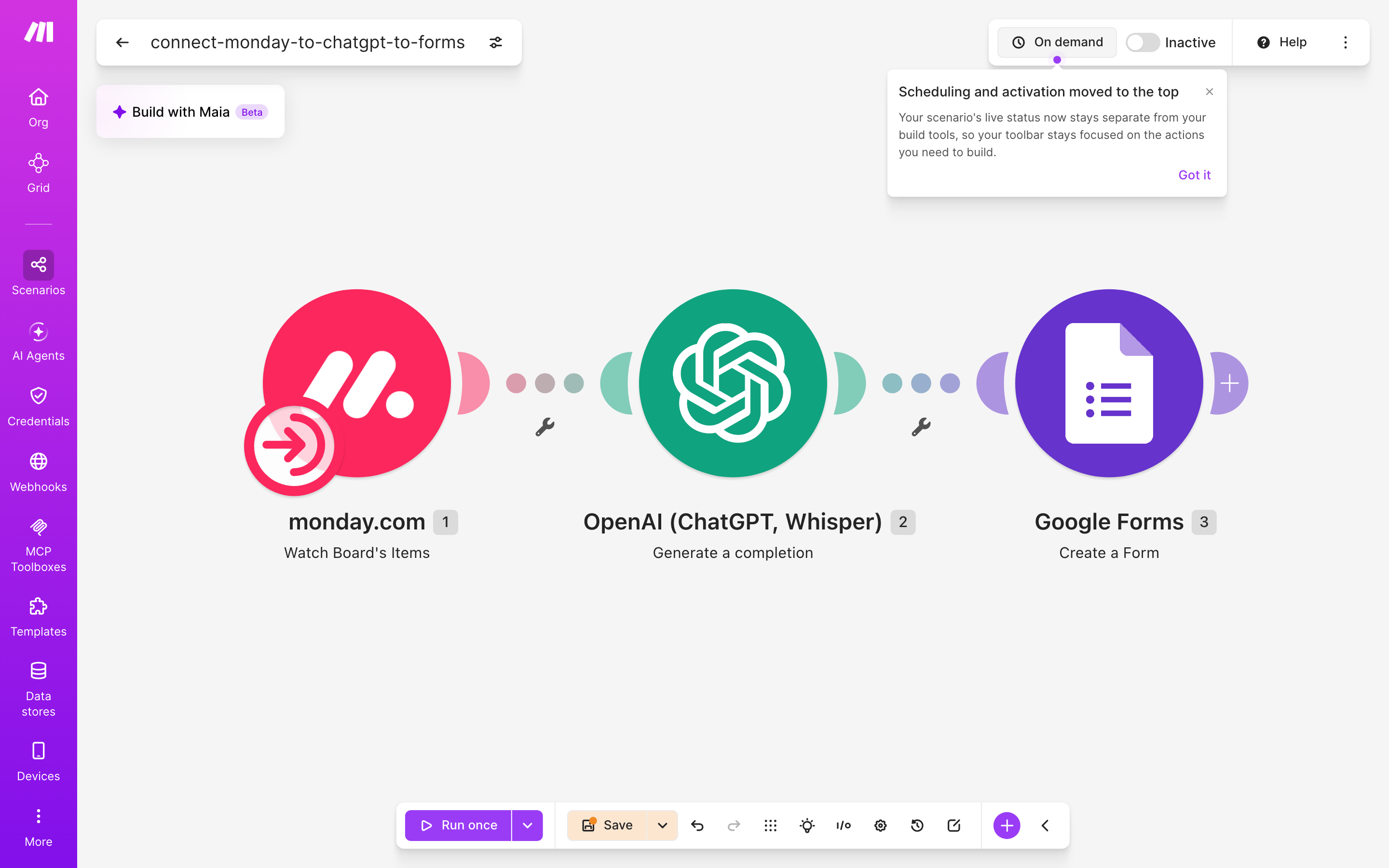 איך מחברים monday.com ל-Google Forms — פריט חדש בלוח → ChatGPT מנסח בעברית → נוצר או עודכן טופס 2 עורך התרחיש — monday.com (Watch Board's Items) → ChatGPT (Generate a completion) → google-forms (Create Form)