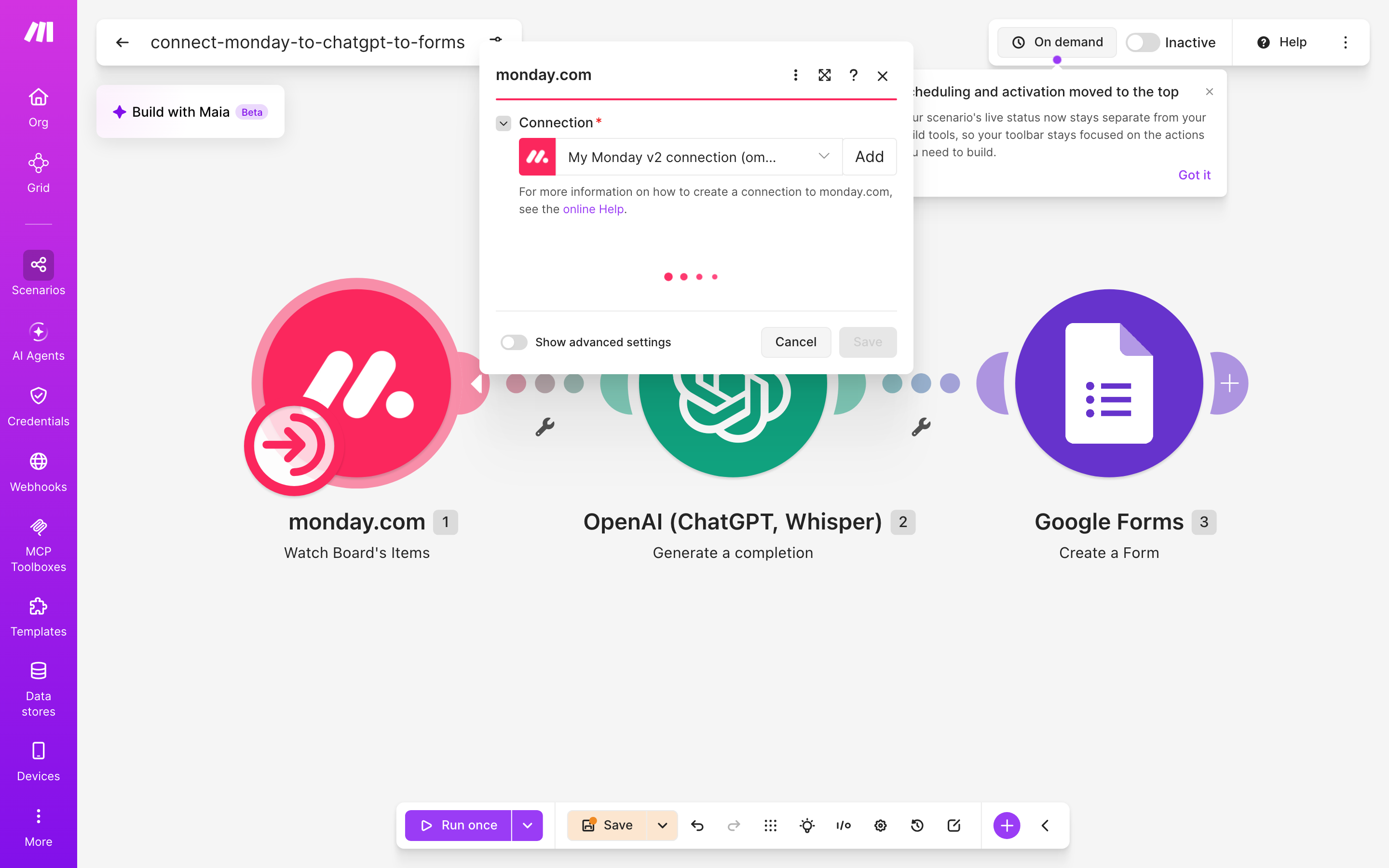 איך מחברים monday.com ל-Google Forms — פריט חדש בלוח → ChatGPT מנסח בעברית → נוצר או עודכן טופס 3 הגדרות המודול monday.com — Watch Board's Items