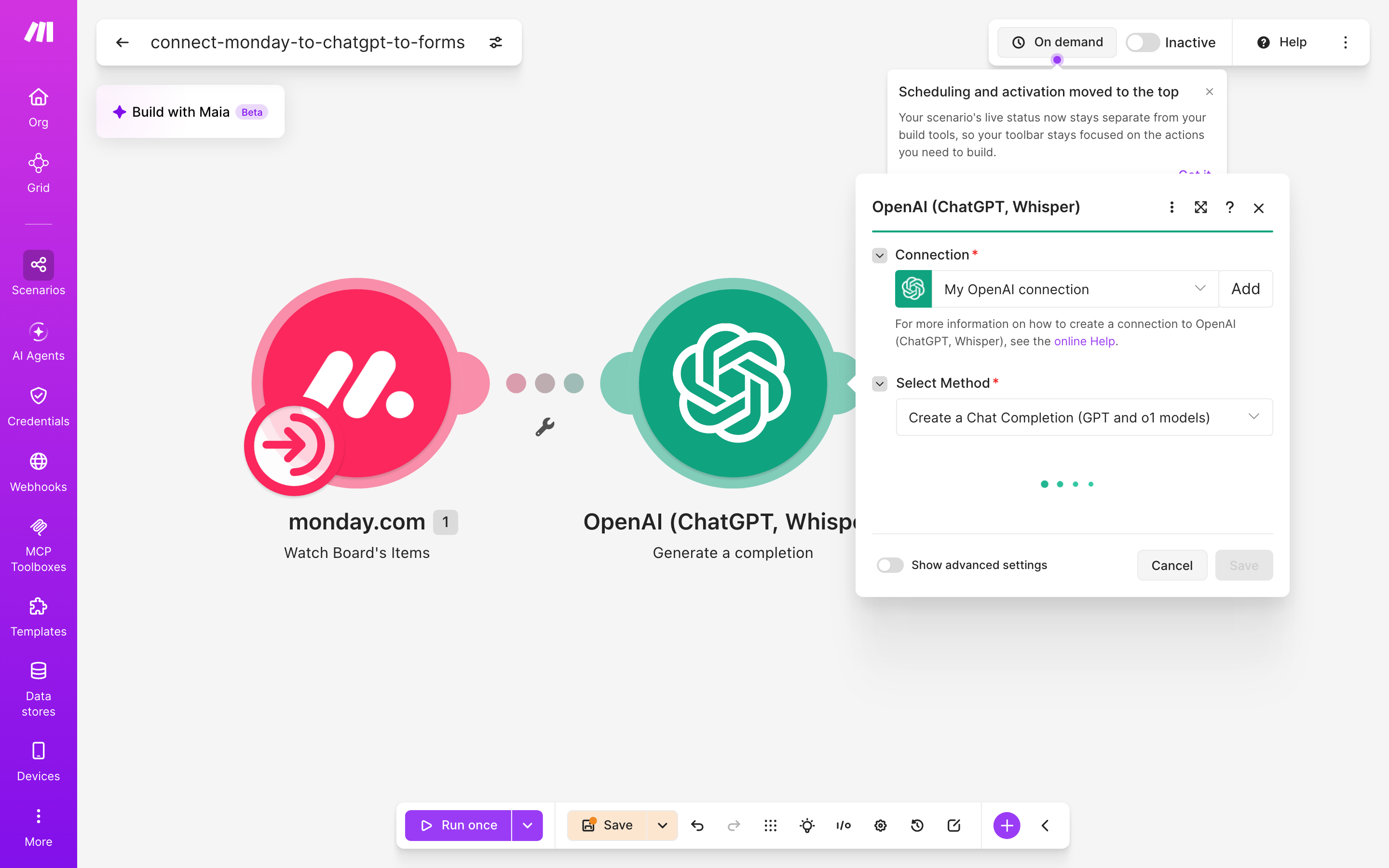 איך מחברים monday.com ל-Google Forms — פריט חדש בלוח → ChatGPT מנסח בעברית → נוצר או עודכן טופס 4 הגדרות המודול ChatGPT — Generate a completion
