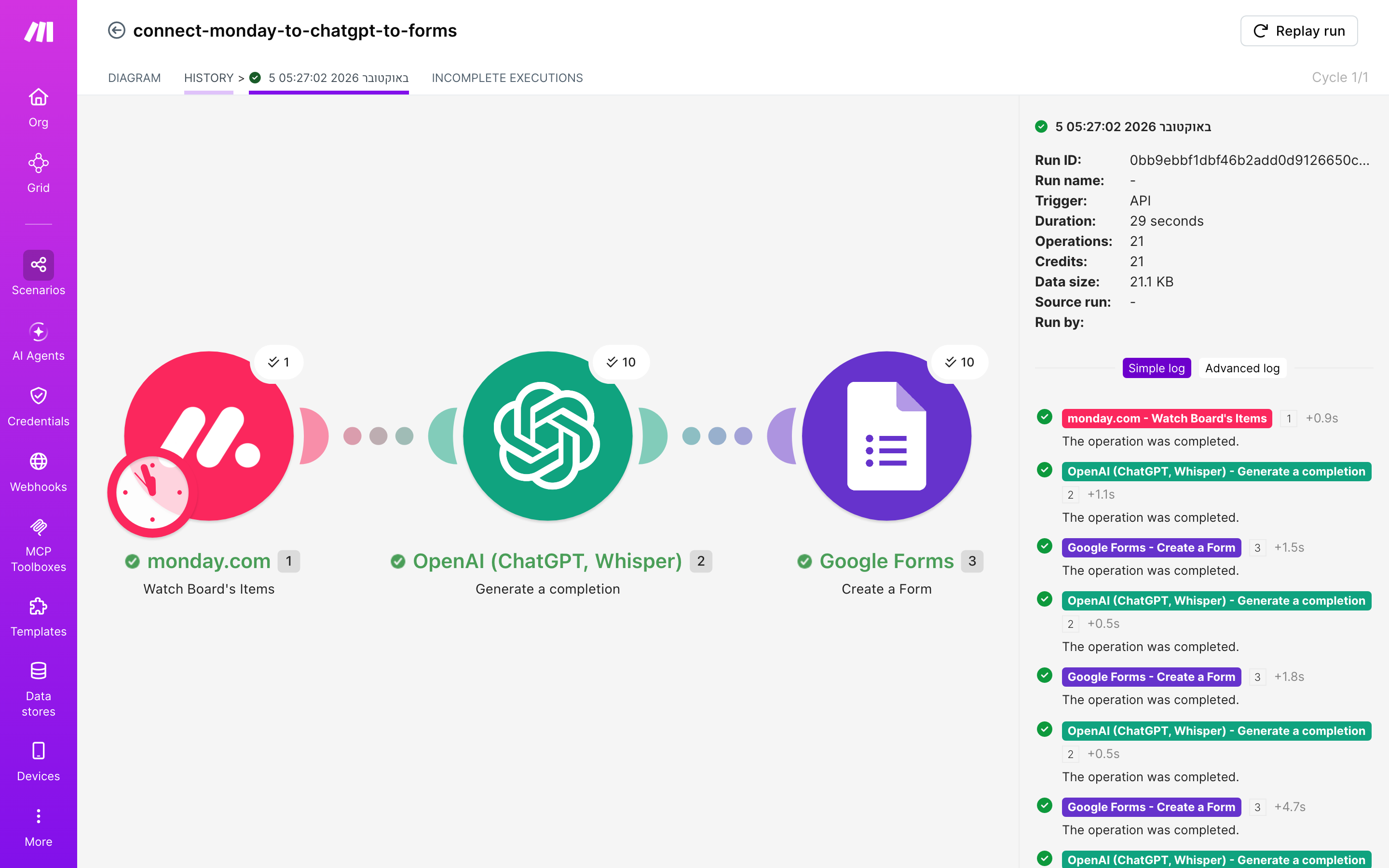 איך מחברים monday.com ל-Google Forms — פריט חדש בלוח → ChatGPT מנסח בעברית → נוצר או עודכן טופס 6 היסטוריית-הריצות: ריצה ירוקה, 21 פעולות, 5.10.2026