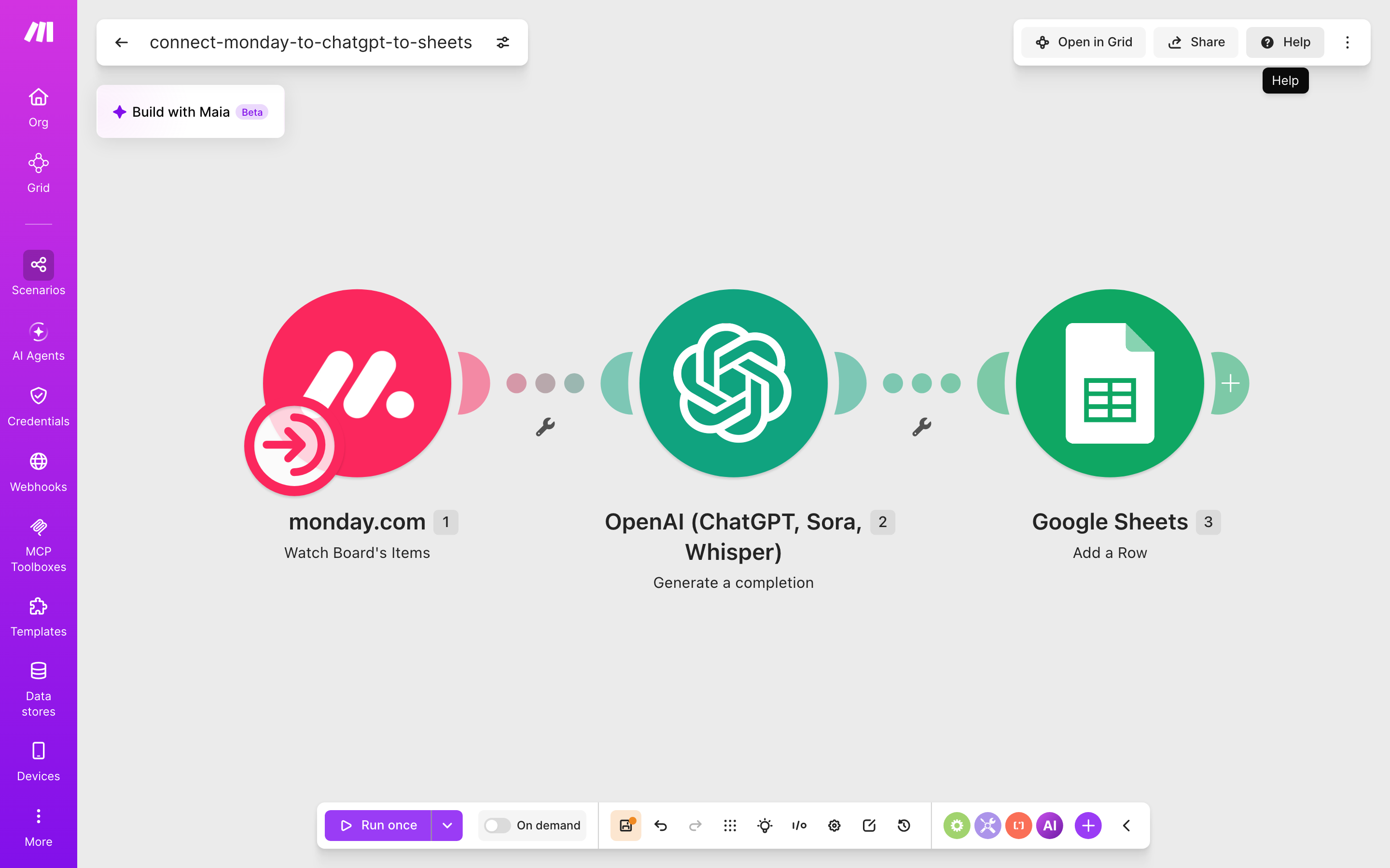 איך מחברים monday.com ל-Google Sheets — פריט חדש בלוח → ChatGPT מנסח בעברית → נרשמת שורה בגיליון 2 עורך התרחיש — monday.com (Watch Board's Items) → ChatGPT (Generate a completion) → Google Sheets (Add a Row)