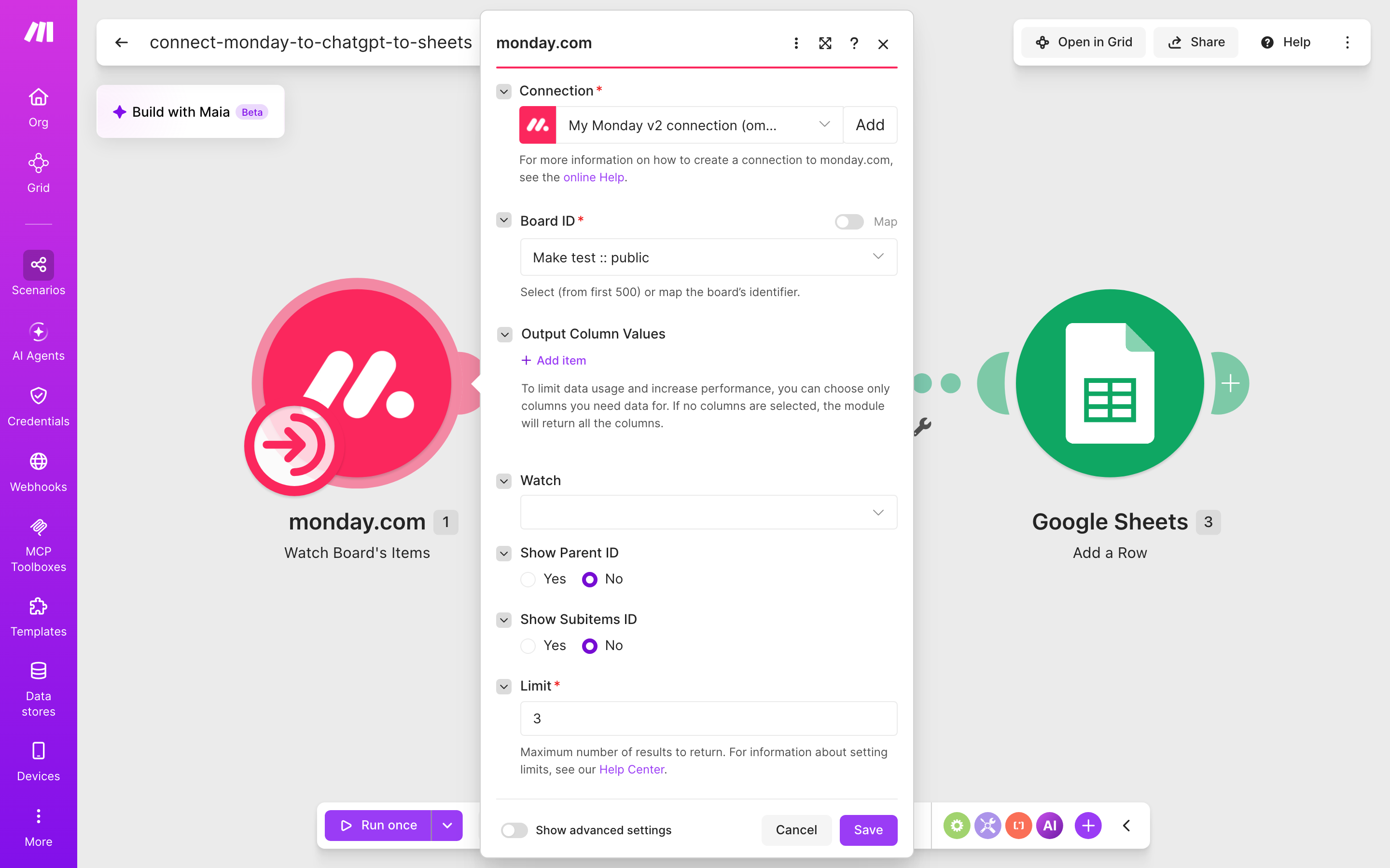 איך מחברים monday.com ל-Google Sheets — פריט חדש בלוח → ChatGPT מנסח בעברית → נרשמת שורה בגיליון 3 הגדרות המודול monday.com — Watch Board's Items