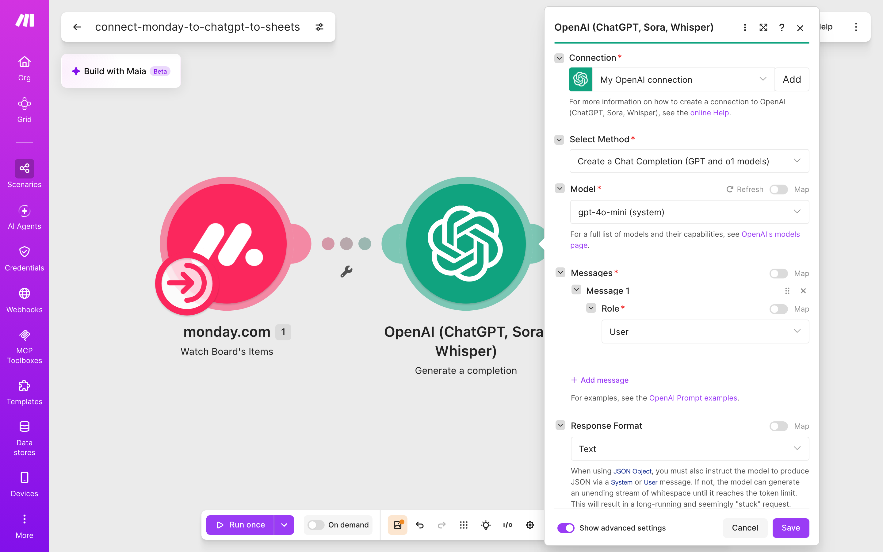 איך מחברים monday.com ל-Google Sheets — פריט חדש בלוח → ChatGPT מנסח בעברית → נרשמת שורה בגיליון 4 הגדרות המודול ChatGPT — Generate a completion