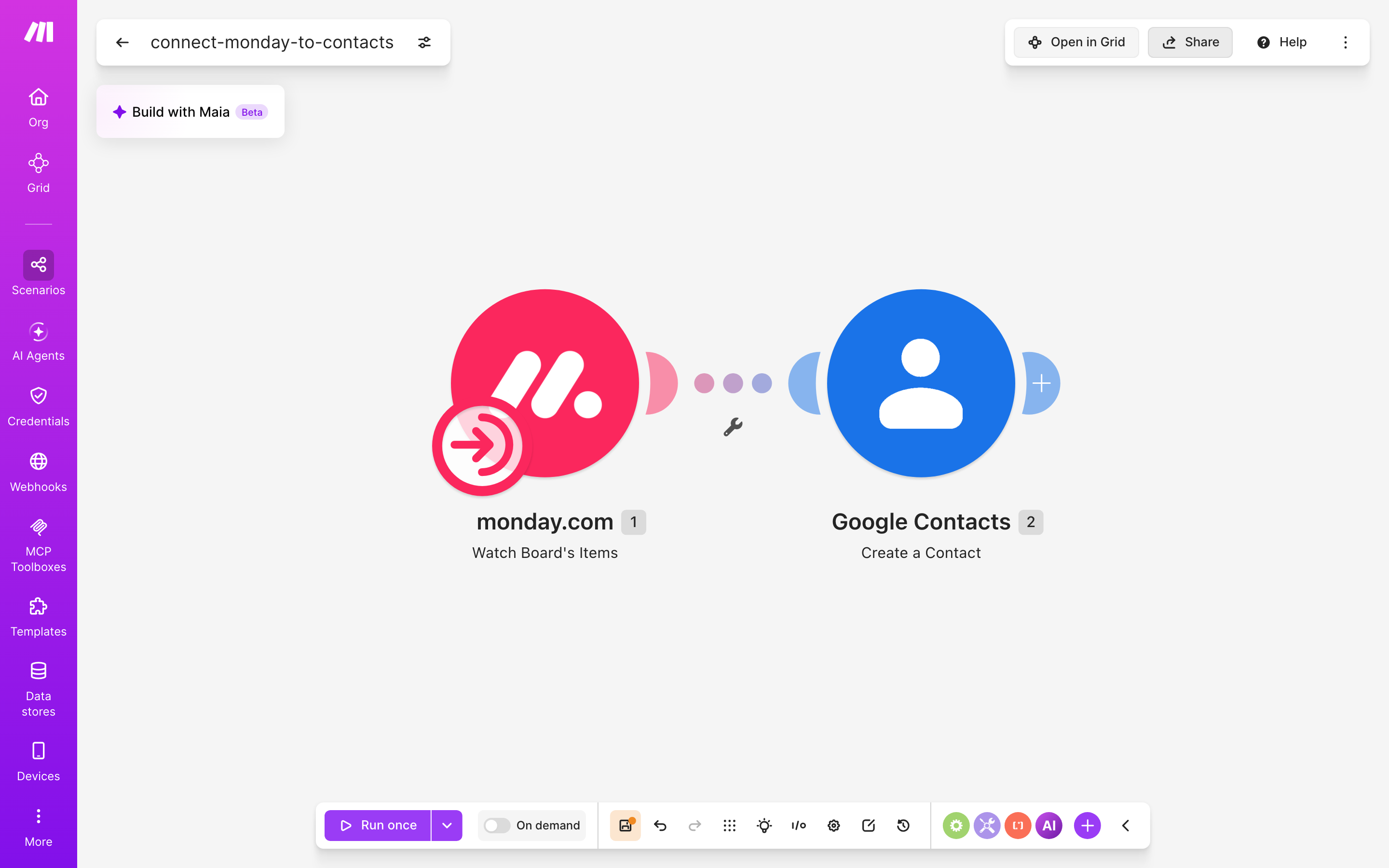 עורך התרחיש — monday.com (Watch Board's Items) → google-contacts (Create Acontact)