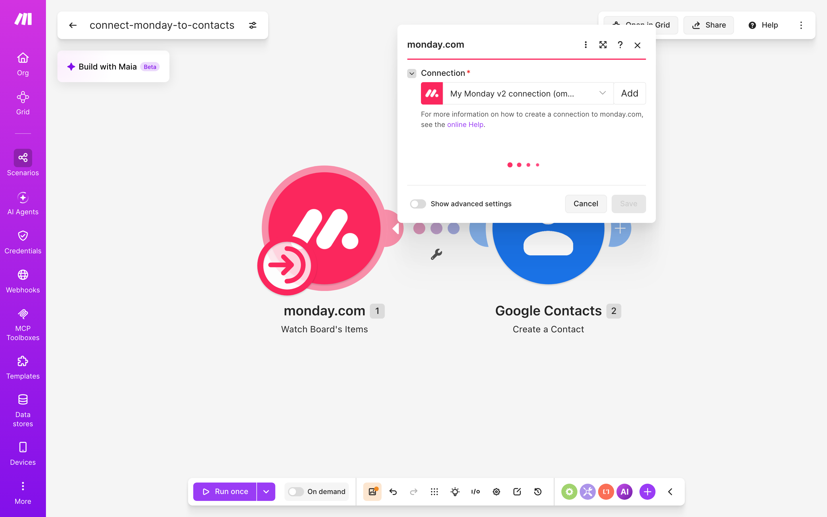 איך מחברים monday.com ל-contacts — פריט חדש בלוח → נוצר איש-קשר 3 הגדרות המודול monday.com — Watch Board's Items