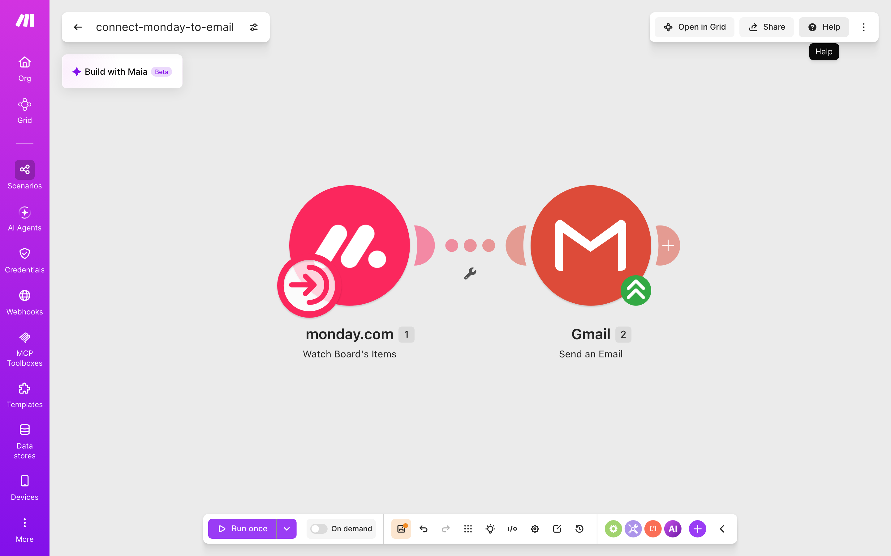 איך מחברים monday.com ל-Gmail — פריט חדש בלוח → נשלח מייל 2 עורך התרחיש — monday.com (Watch Board's Items) → Gmail (Send an Email)