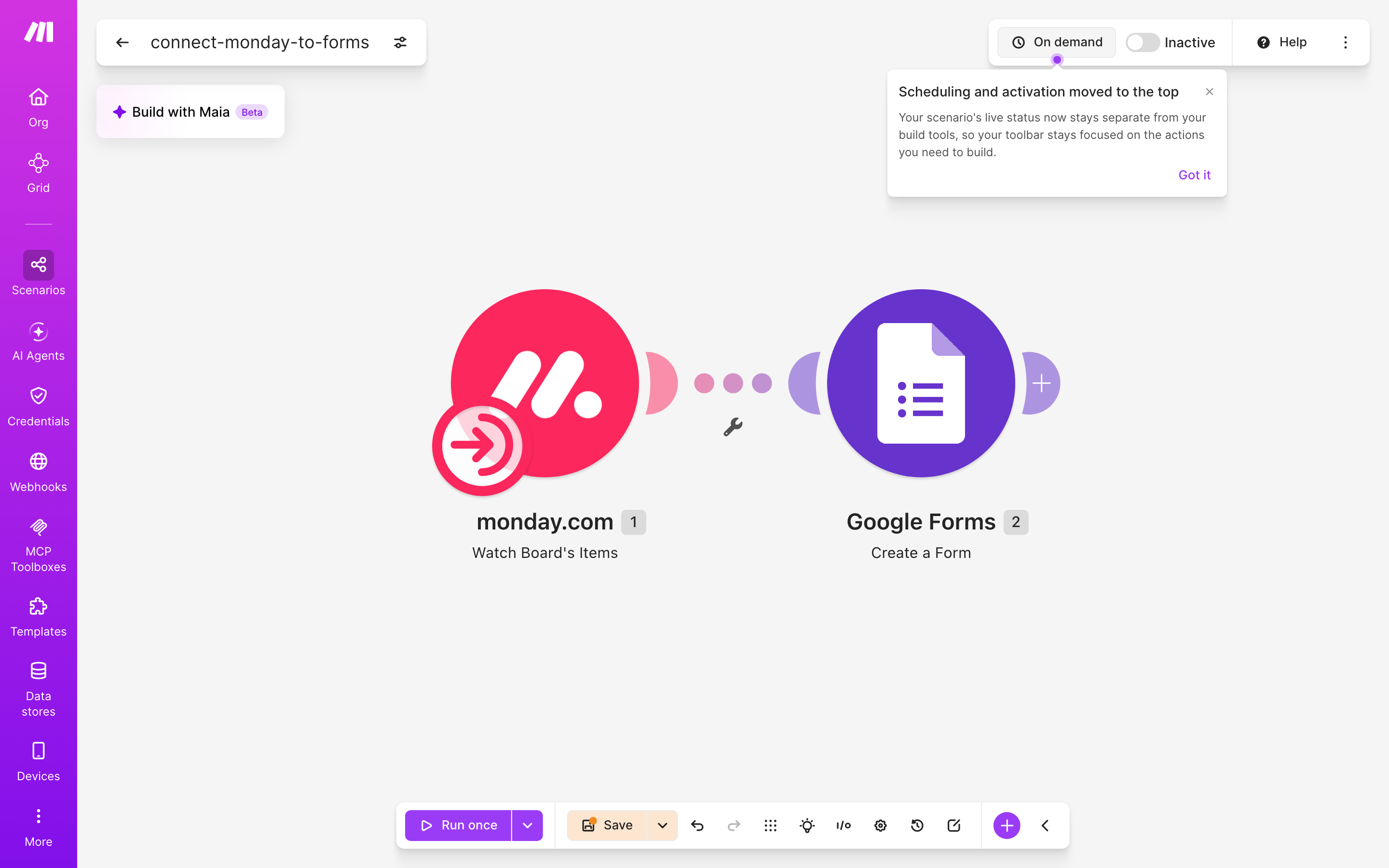 עורך התרחיש — monday.com (Watch Board's Items) → google-forms (Create Form)