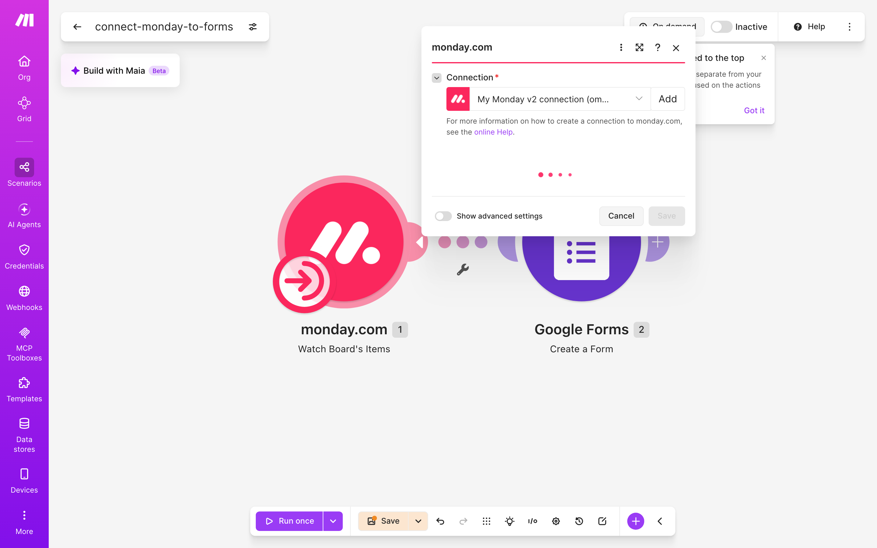איך מחברים monday.com ל-Google Forms — פריט חדש בלוח → נוצר או עודכן טופס 3 הגדרות המודול monday.com — Watch Board's Items