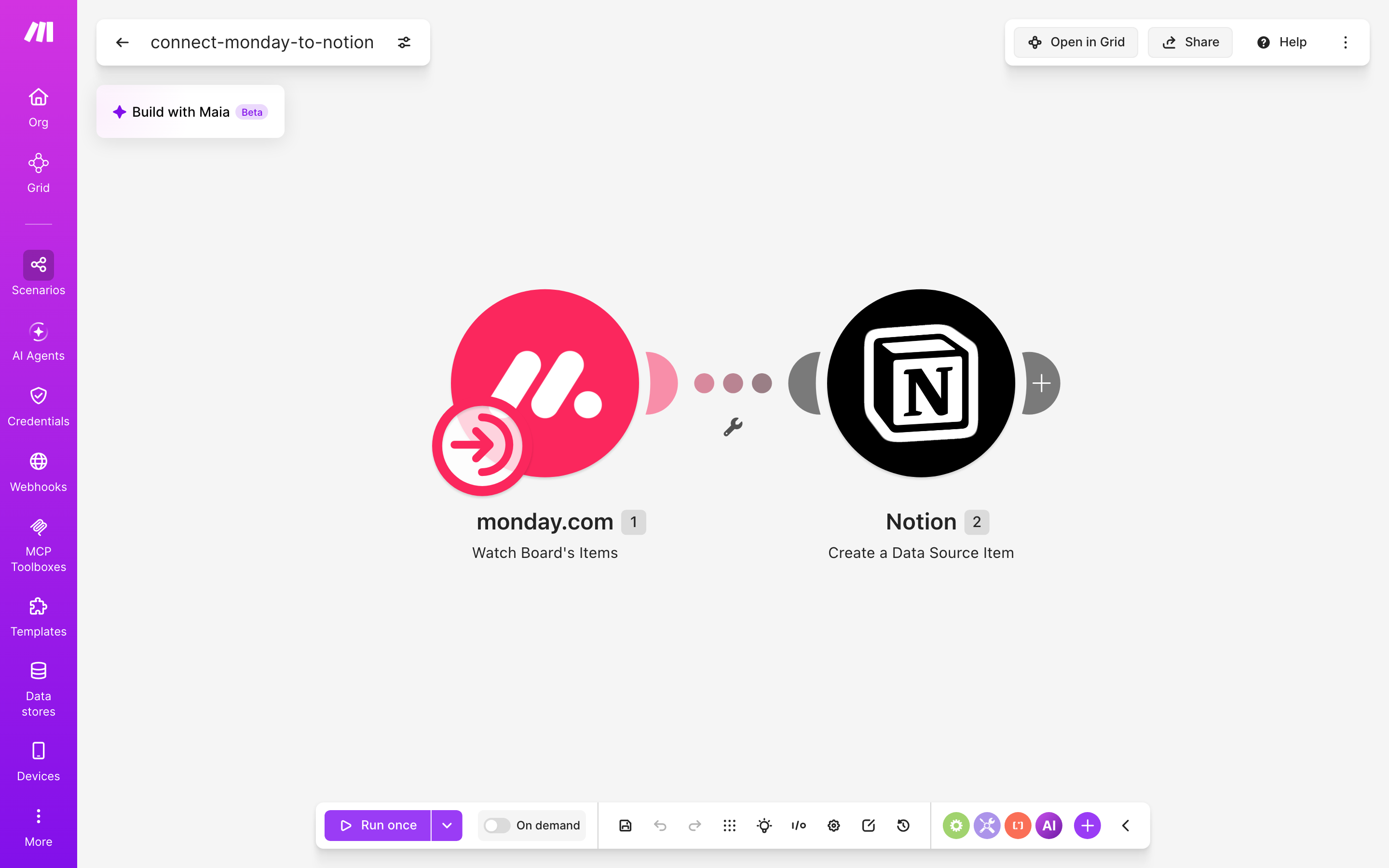 איך מחברים monday.com ל-Notion — פריט חדש בלוח → נוצר פריט בדאטהבייס 2 עורך התרחיש — monday.com (Watch Board's Items) → Notion (Create a Data Source Item)