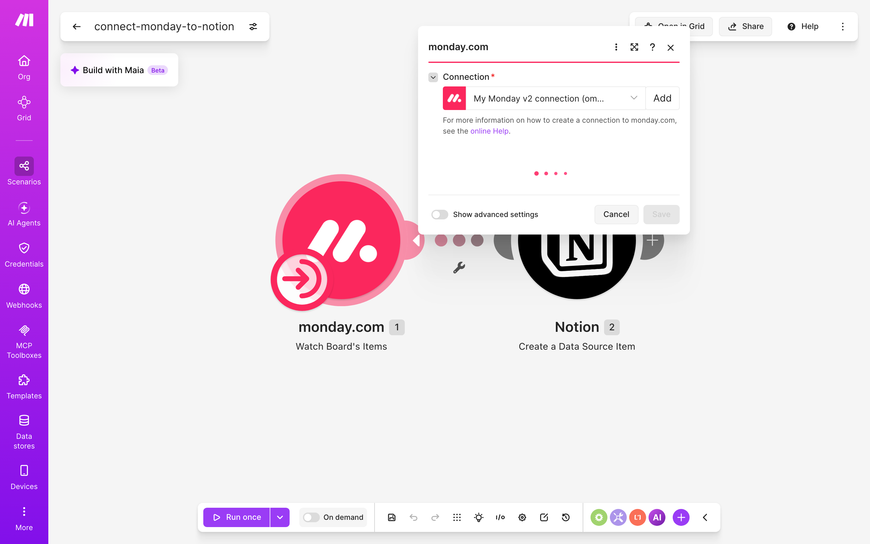 איך מחברים monday.com ל-Notion — פריט חדש בלוח → נוצר פריט בדאטהבייס 3 הגדרות המודול monday.com — Watch Board's Items