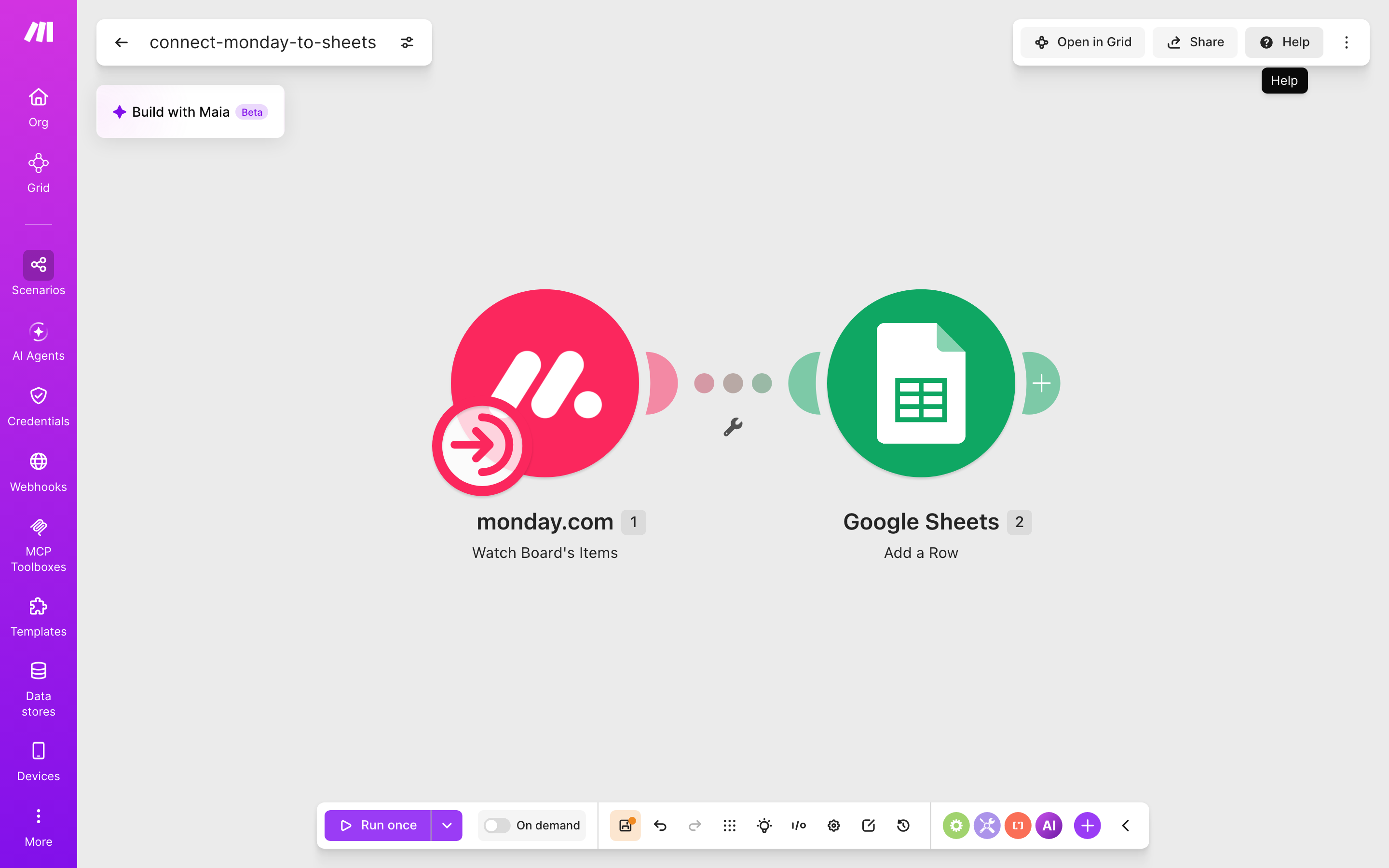 עורך התרחיש — monday.com (Watch Board's Items) → Google Sheets (Add a Row)