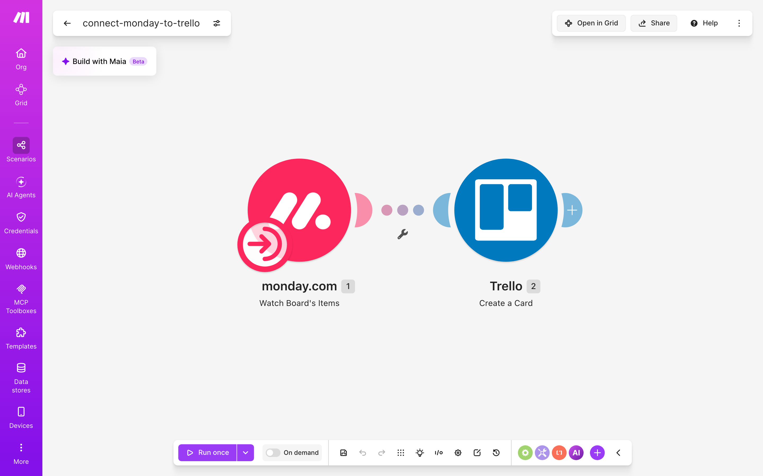 עורך התרחיש — monday.com (Watch Board's Items) → Trello (Create a Card)