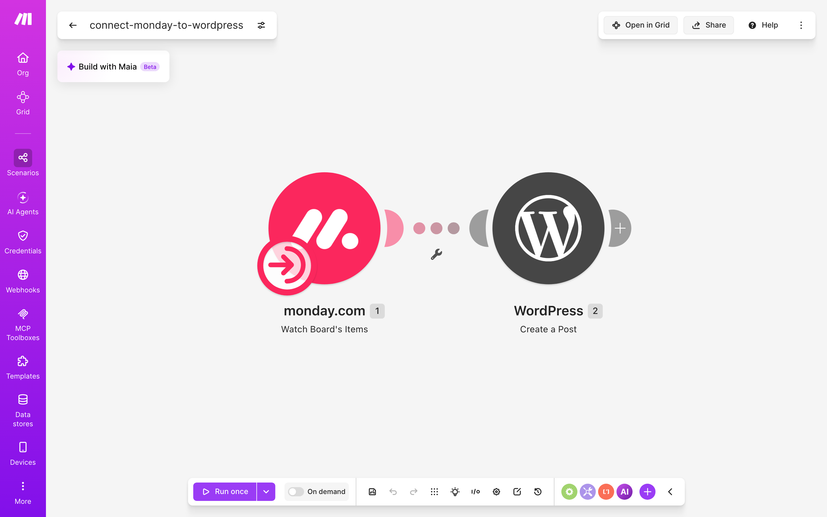 עורך התרחיש — monday.com (Watch Board's Items) → WordPress (Create a Post)