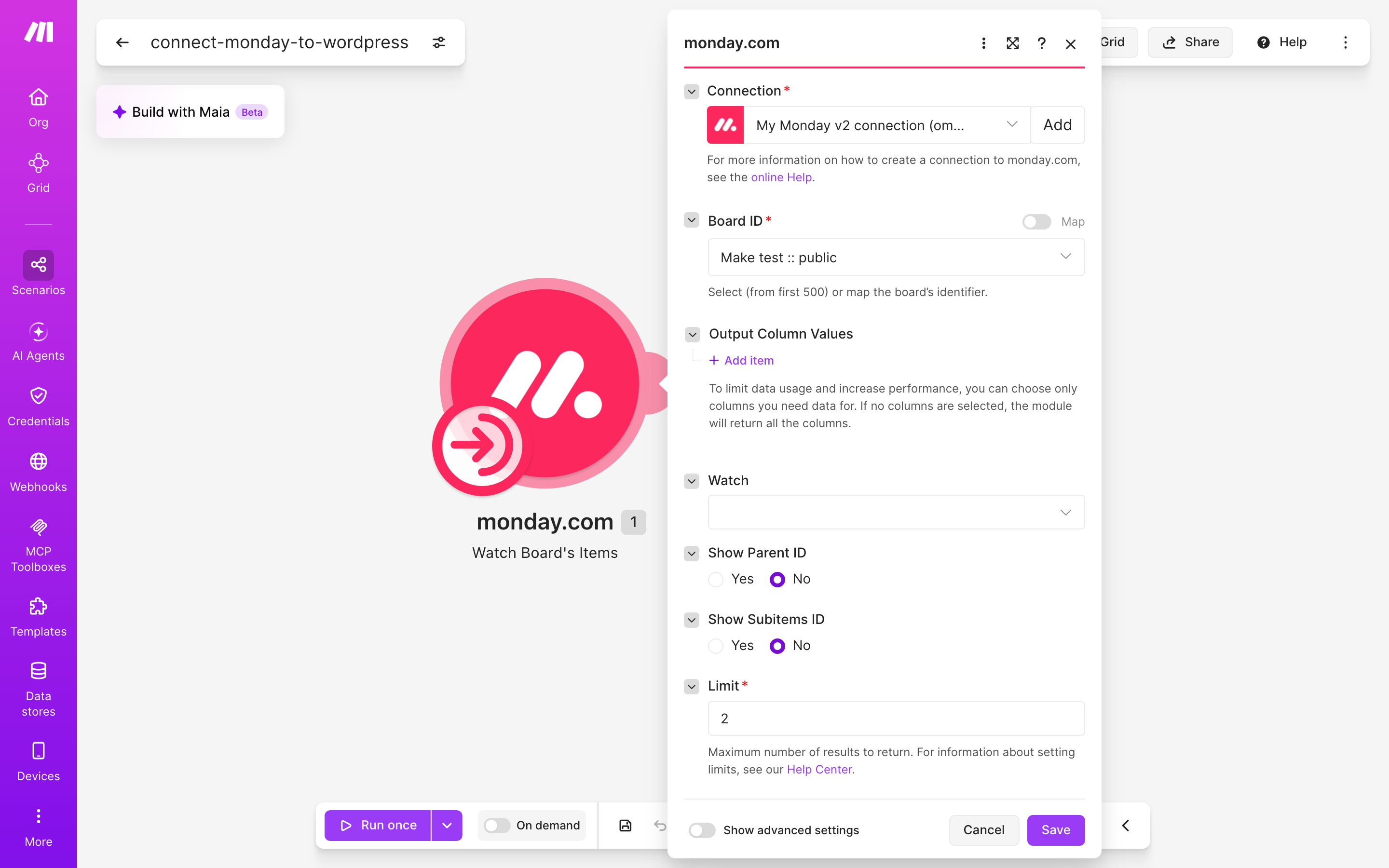 איך מחברים monday.com ל-WordPress — פריט חדש בלוח → נוצר פוסט באתר 3 הגדרות המודול monday.com — Watch Board's Items