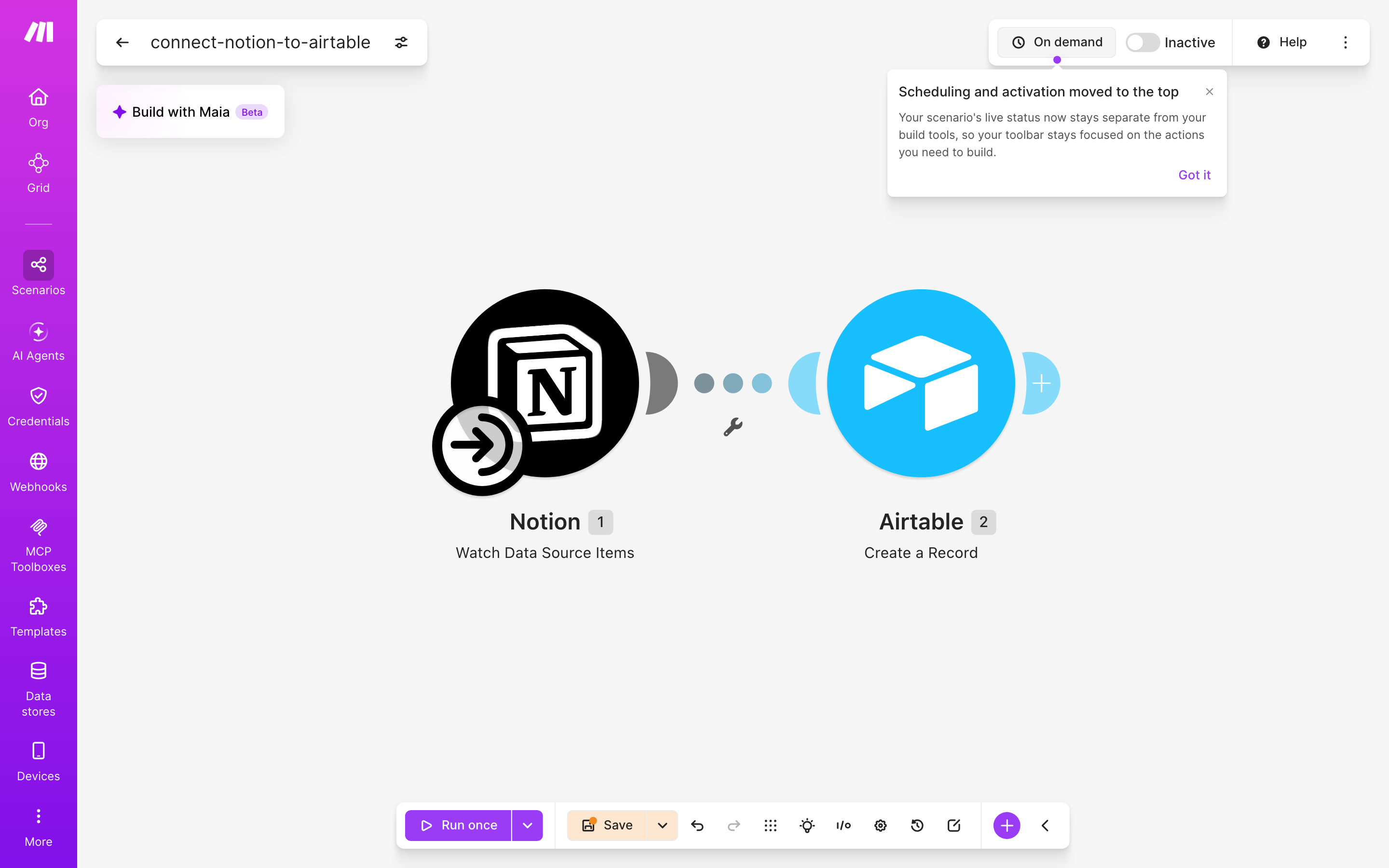 איך מחברים Notion ל-Airtable — פריט חדש בדאטהבייס → נוצרה רשומה 2 עורך התרחיש — Notion (Watch Database Items) → Airtable (Action Create Record)