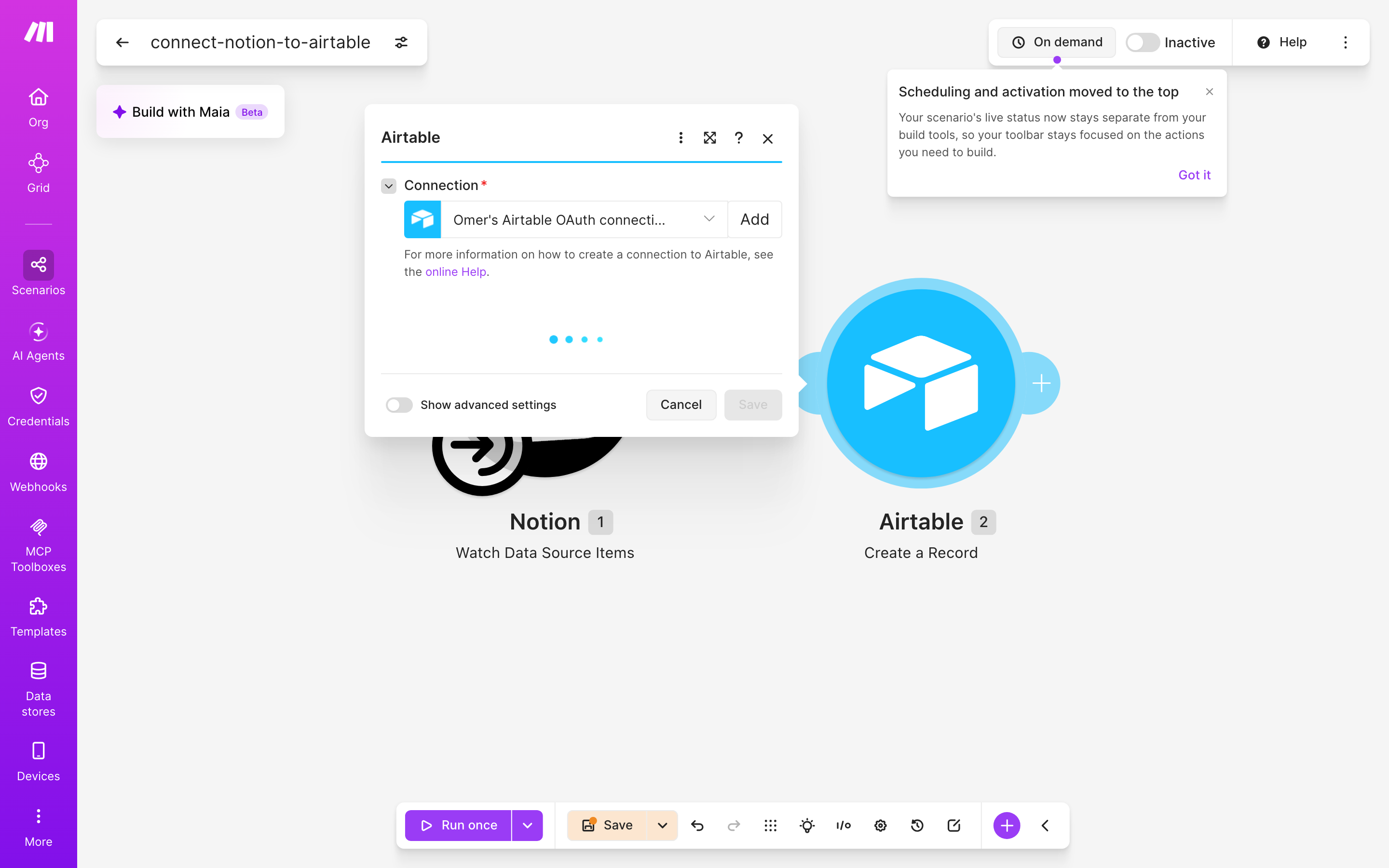 איך מחברים Notion ל-Airtable — פריט חדש בדאטהבייס → נוצרה רשומה 4 הגדרות המודול Airtable — Action Create Record