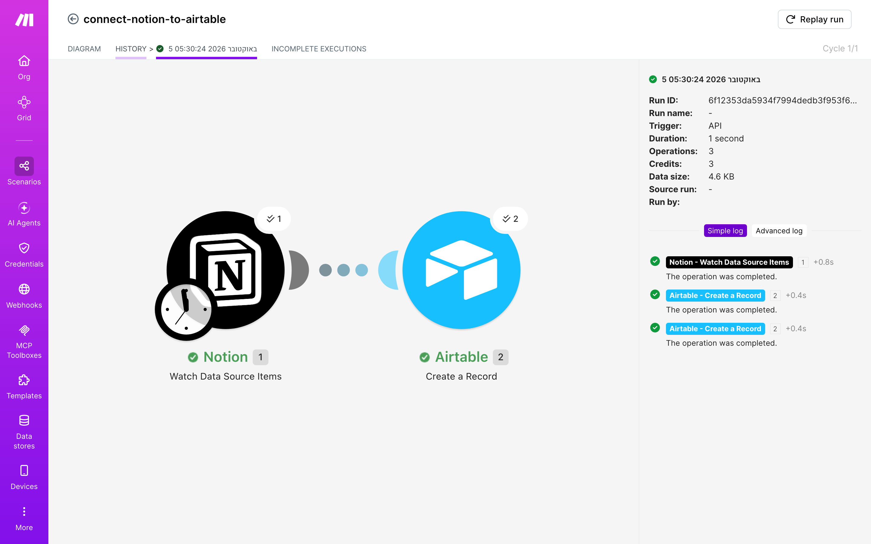איך מחברים Notion ל-Airtable — פריט חדש בדאטהבייס → נוצרה רשומה 5 היסטוריית-הריצות: ריצה ירוקה, 3 פעולות, 5.10.2026