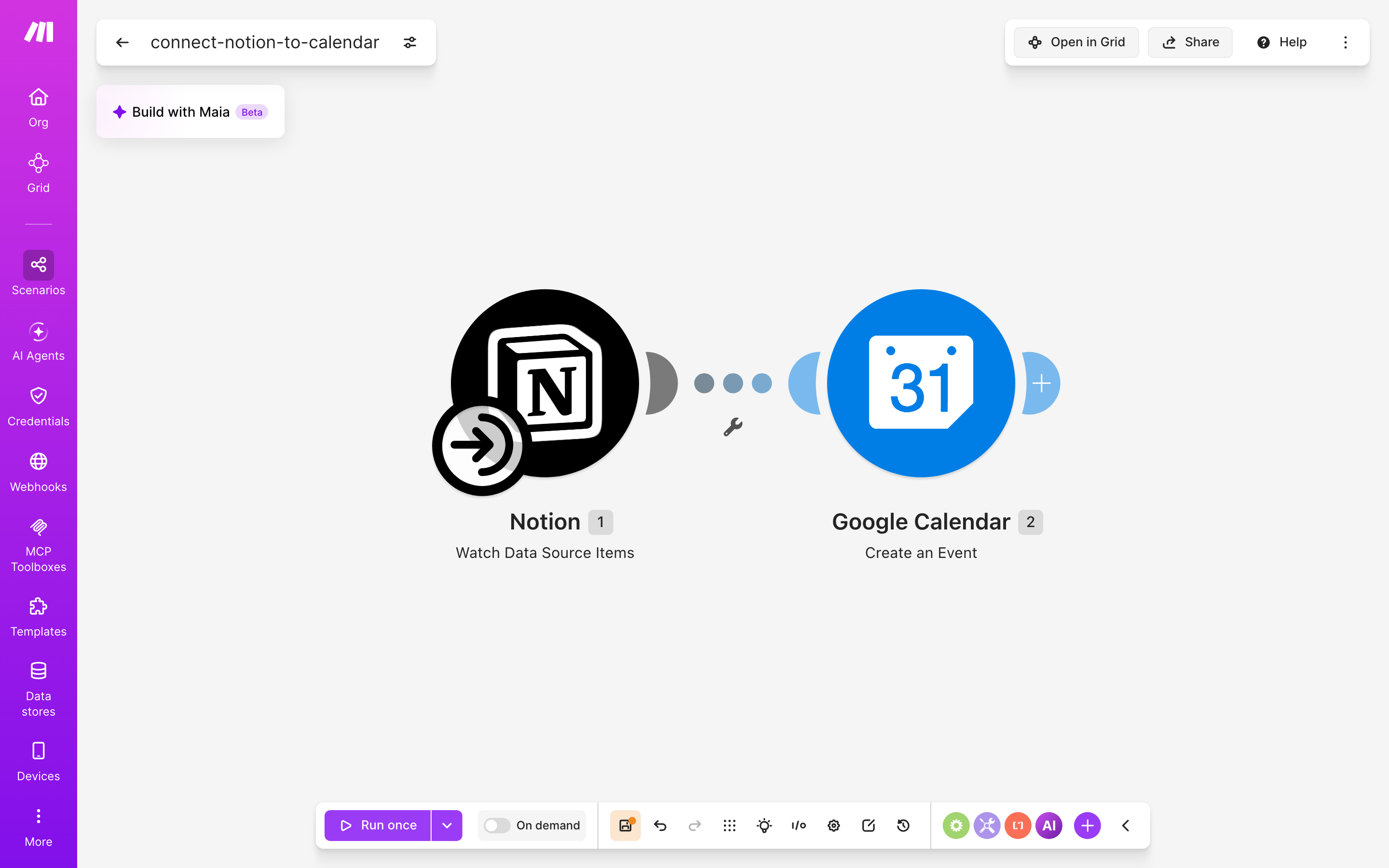 עורך התרחיש — Notion (Watch Database Items) → Google Calendar (Create an Event)