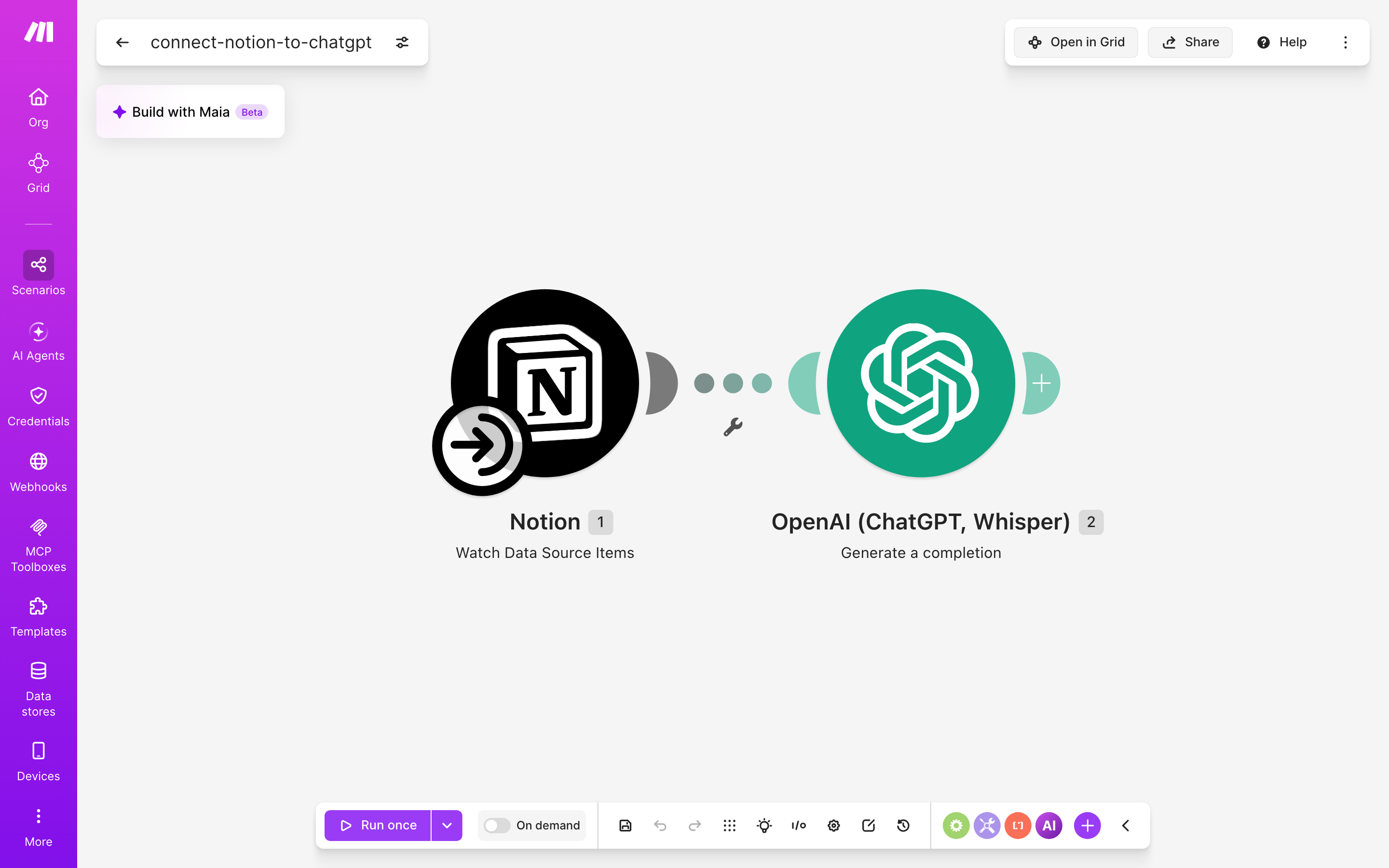 עורך התרחיש — Notion (Watch Database Items) → ChatGPT (Generate a completion)