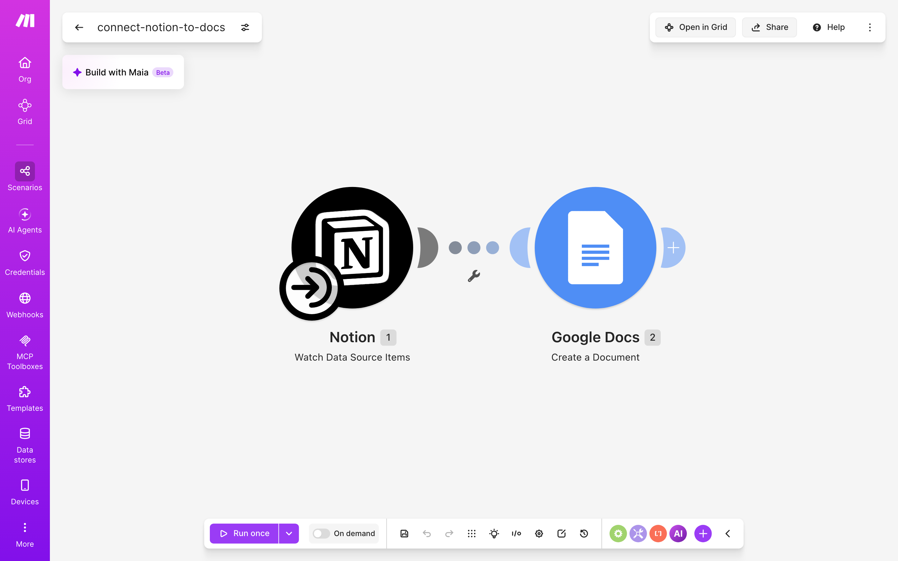 איך מחברים Notion ל-Google Docs — פריט חדש בדאטהבייס → נוצר מסמך מוכן 2 עורך התרחיש — Notion (Watch Database Items) → Google Docs (Create a Document)