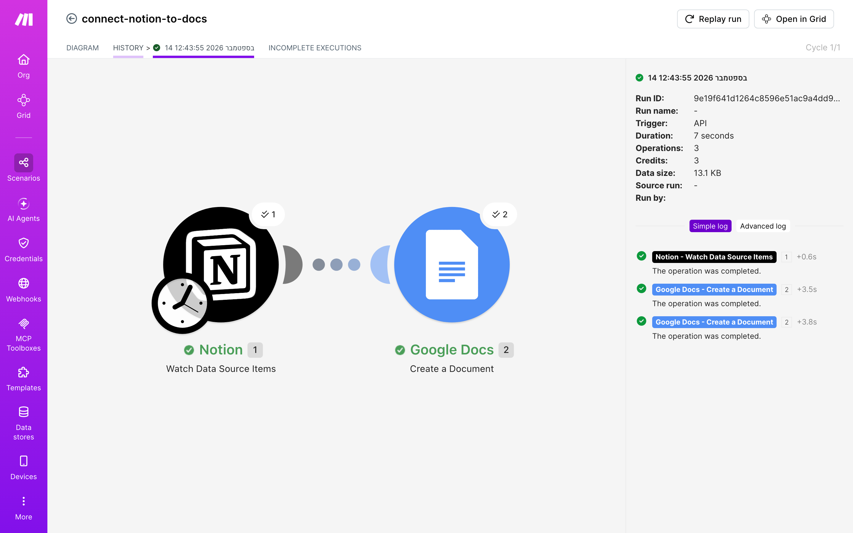 איך מחברים Notion ל-Google Docs — פריט חדש בדאטהבייס → נוצר מסמך מוכן 5 היסטוריית-הריצות: ריצה ירוקה, 3 פעולות, 14.9.2026