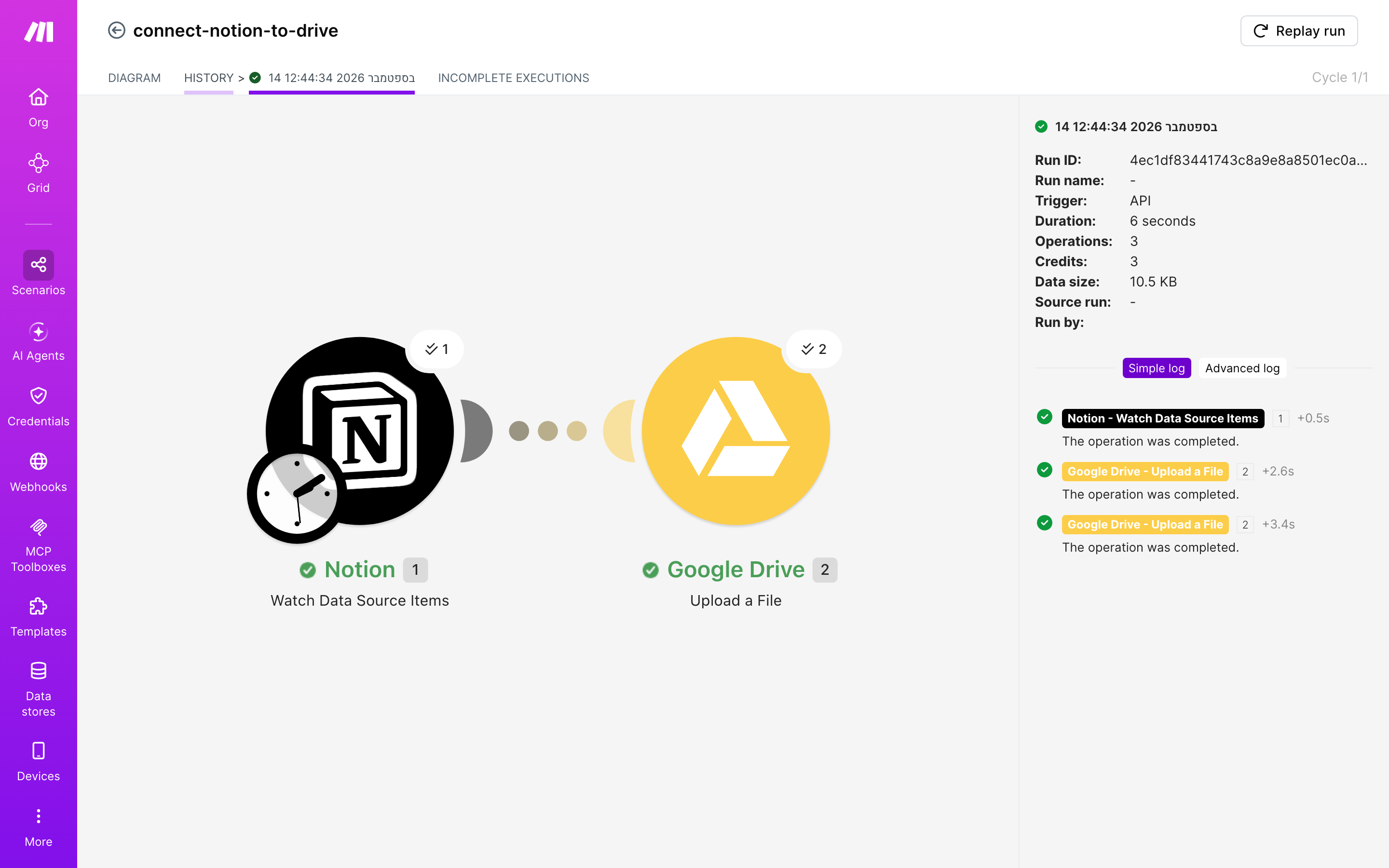 איך מחברים Notion ל-Google Drive — פריט חדש בדאטהבייס → הקובץ נשמר בתיקייה 5 היסטוריית-הריצות: ריצה ירוקה, 3 פעולות, 14.9.2026