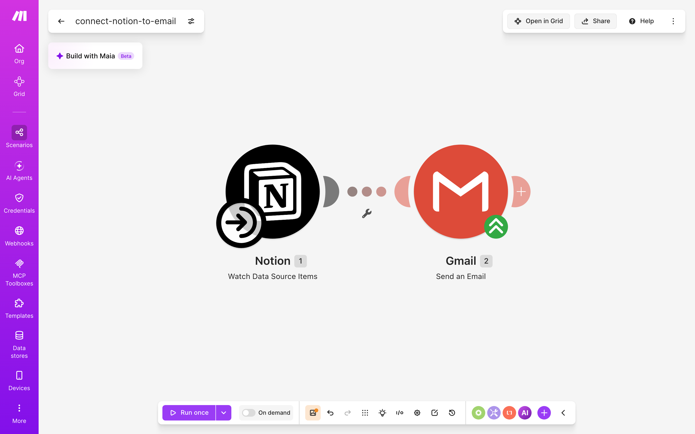 עורך התרחיש — Notion (Watch Database Items) → Gmail (Send an Email)
