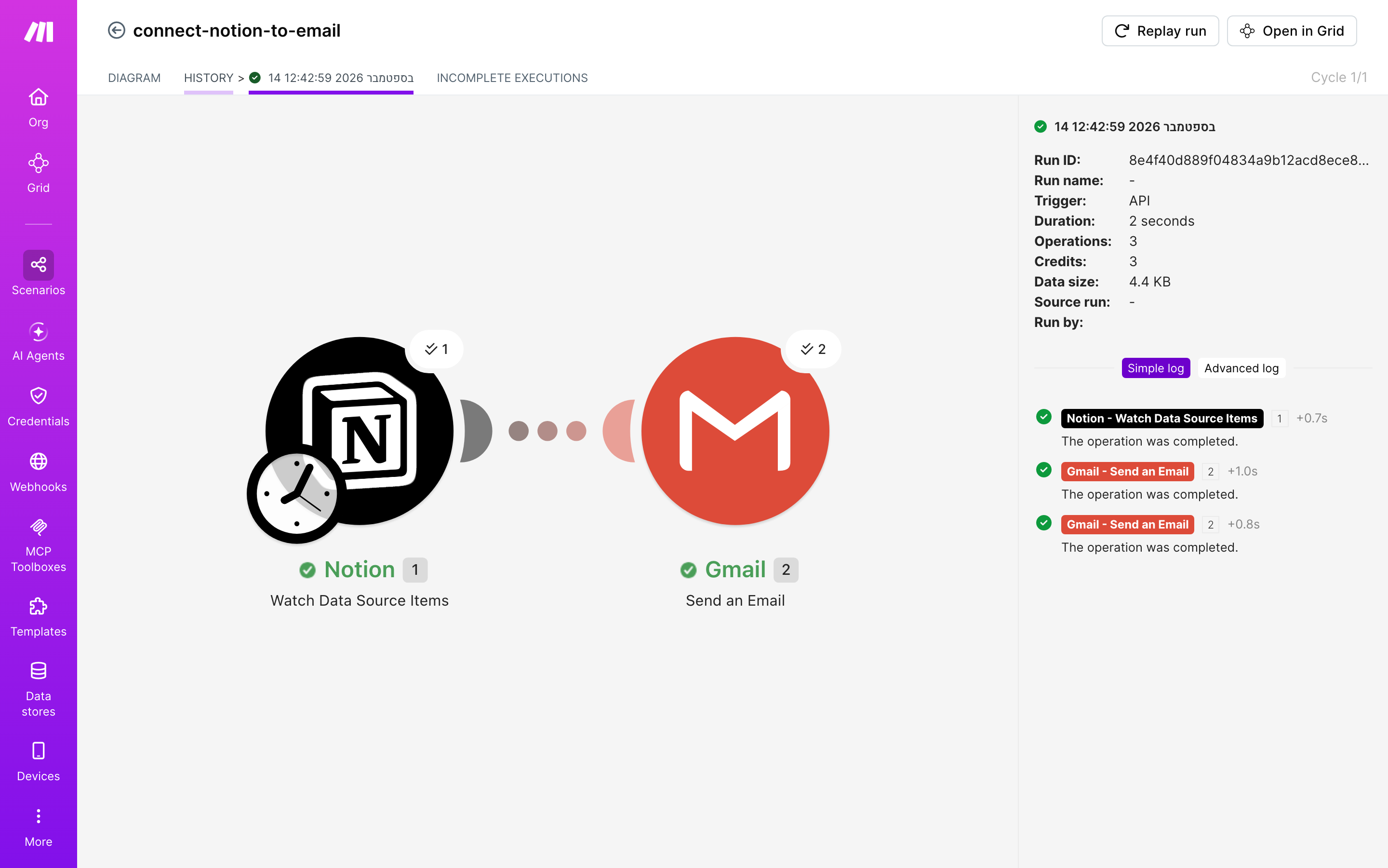 איך מחברים Notion ל-Gmail — פריט חדש בדאטהבייס → נשלח מייל 5 היסטוריית-הריצות: ריצה ירוקה, 3 פעולות, 14.9.2026