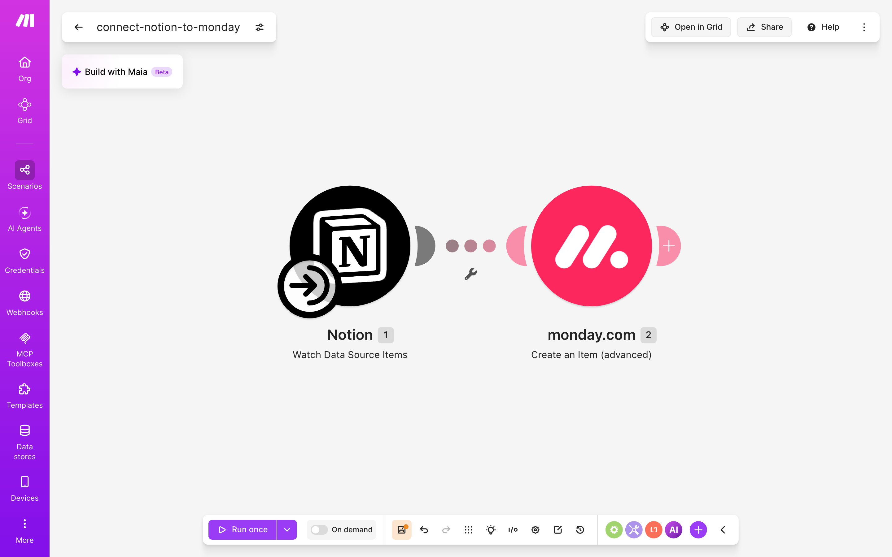 עורך התרחיש — Notion (Watch Database Items) → monday.com (Create an Item (advanced))