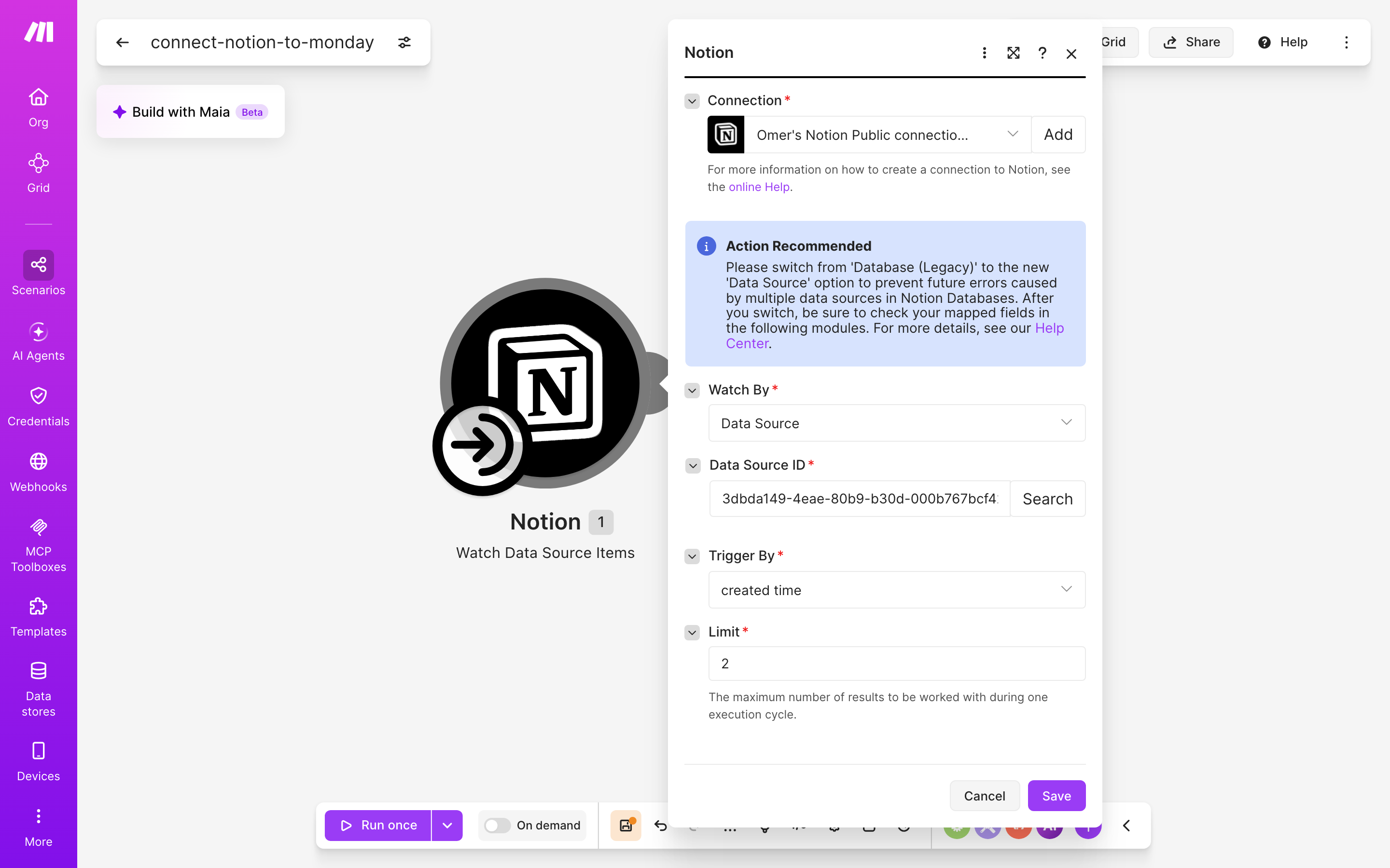 איך מחברים Notion ל-monday.com — פריט חדש בדאטהבייס → נוצר פריט בלוח 3 הגדרות המודול Notion — Watch Database Items