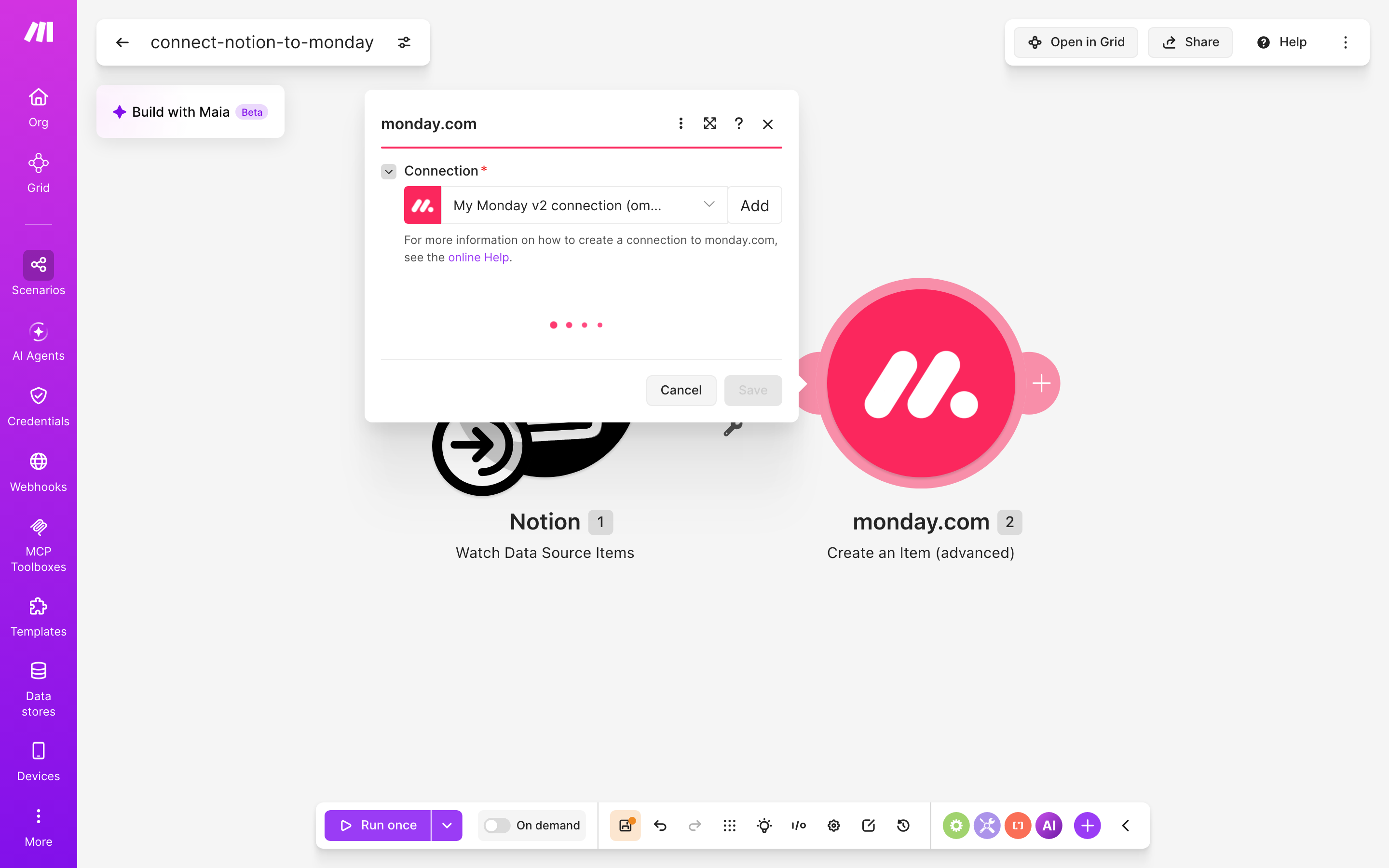 איך מחברים Notion ל-monday.com — פריט חדש בדאטהבייס → נוצר פריט בלוח 4 הגדרות המודול monday.com — Create an Item (advanced)