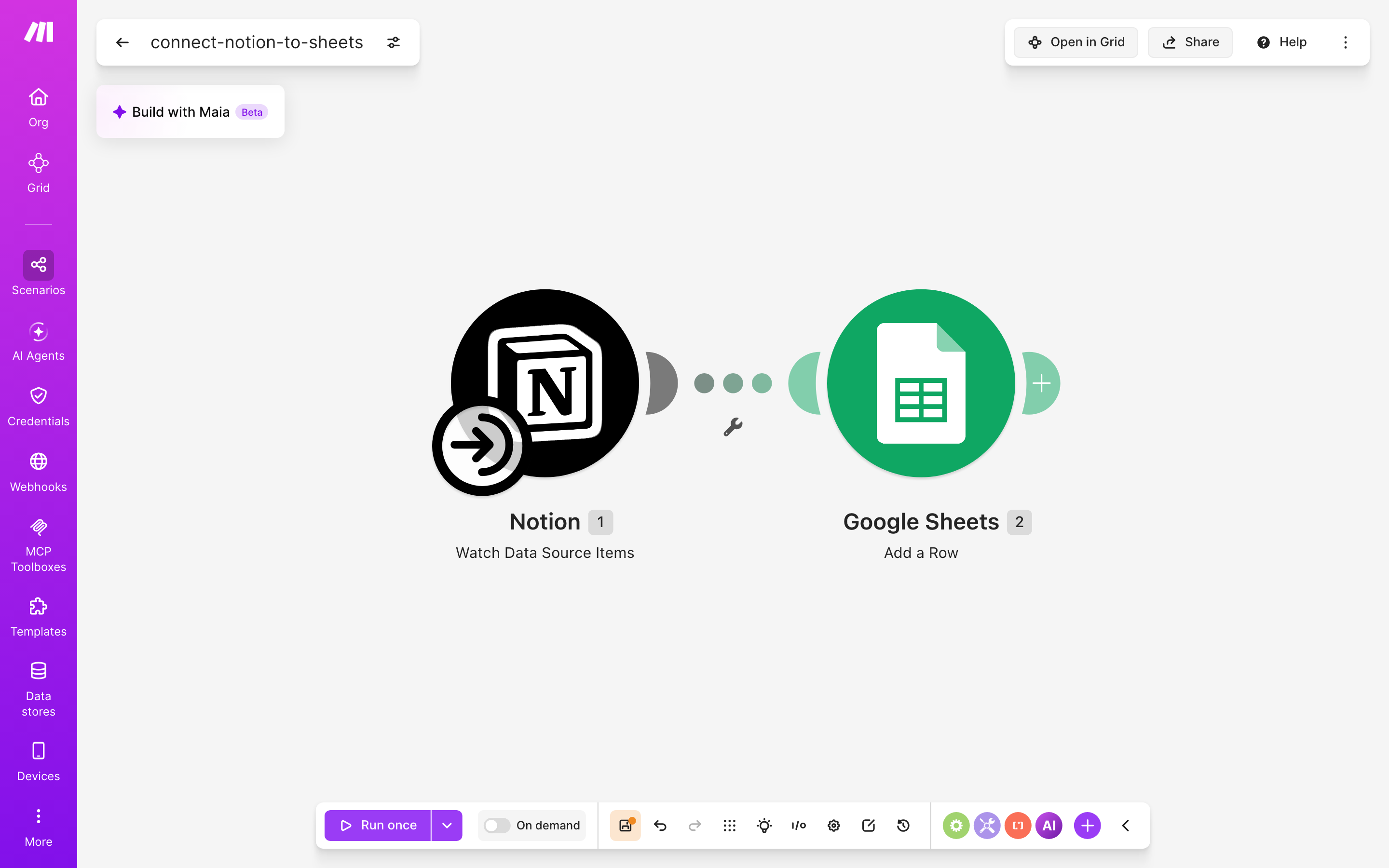 עורך התרחיש — Notion (Watch Database Items) → Google Sheets (Add a Row)