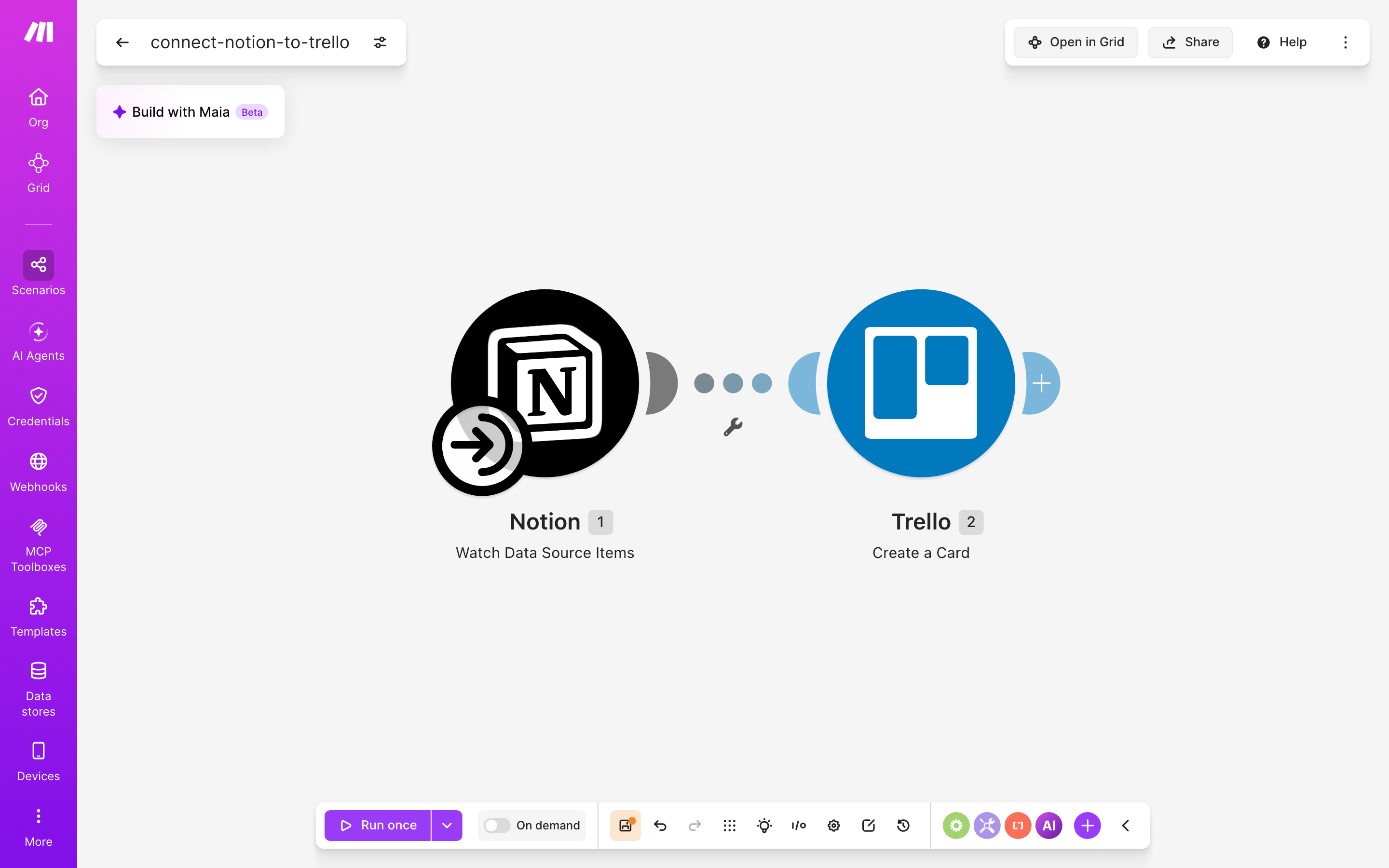 איך מחברים Notion ל-Trello — פריט חדש בדאטהבייס → נוצר כרטיס בלוח 2 עורך התרחיש — Notion (Watch Database Items) → Trello (Create a Card)