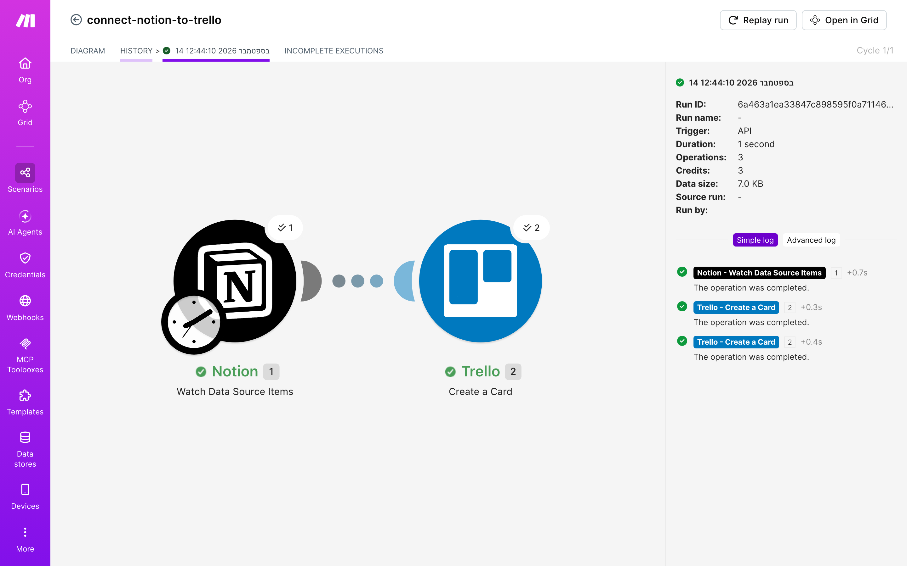 איך מחברים Notion ל-Trello — פריט חדש בדאטהבייס → נוצר כרטיס בלוח 5 היסטוריית-הריצות: ריצה ירוקה, 3 פעולות, 14.9.2026