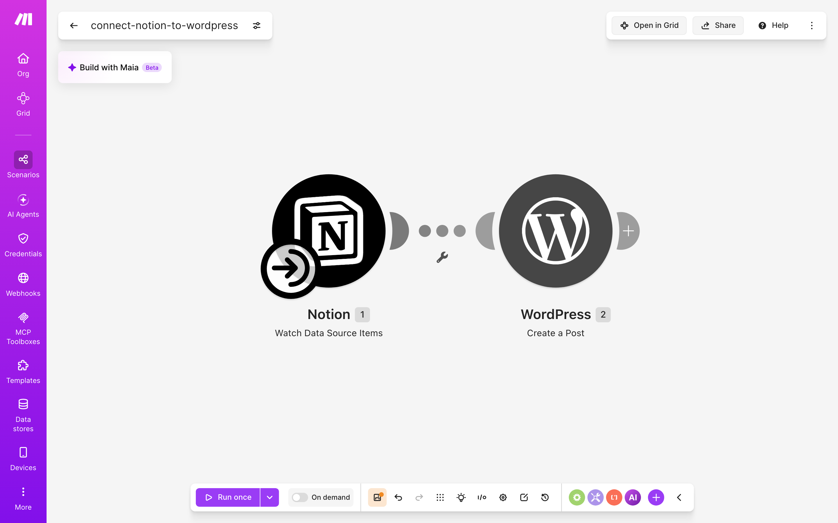 עורך התרחיש — Notion (Watch Database Items) → WordPress (Create a Post)