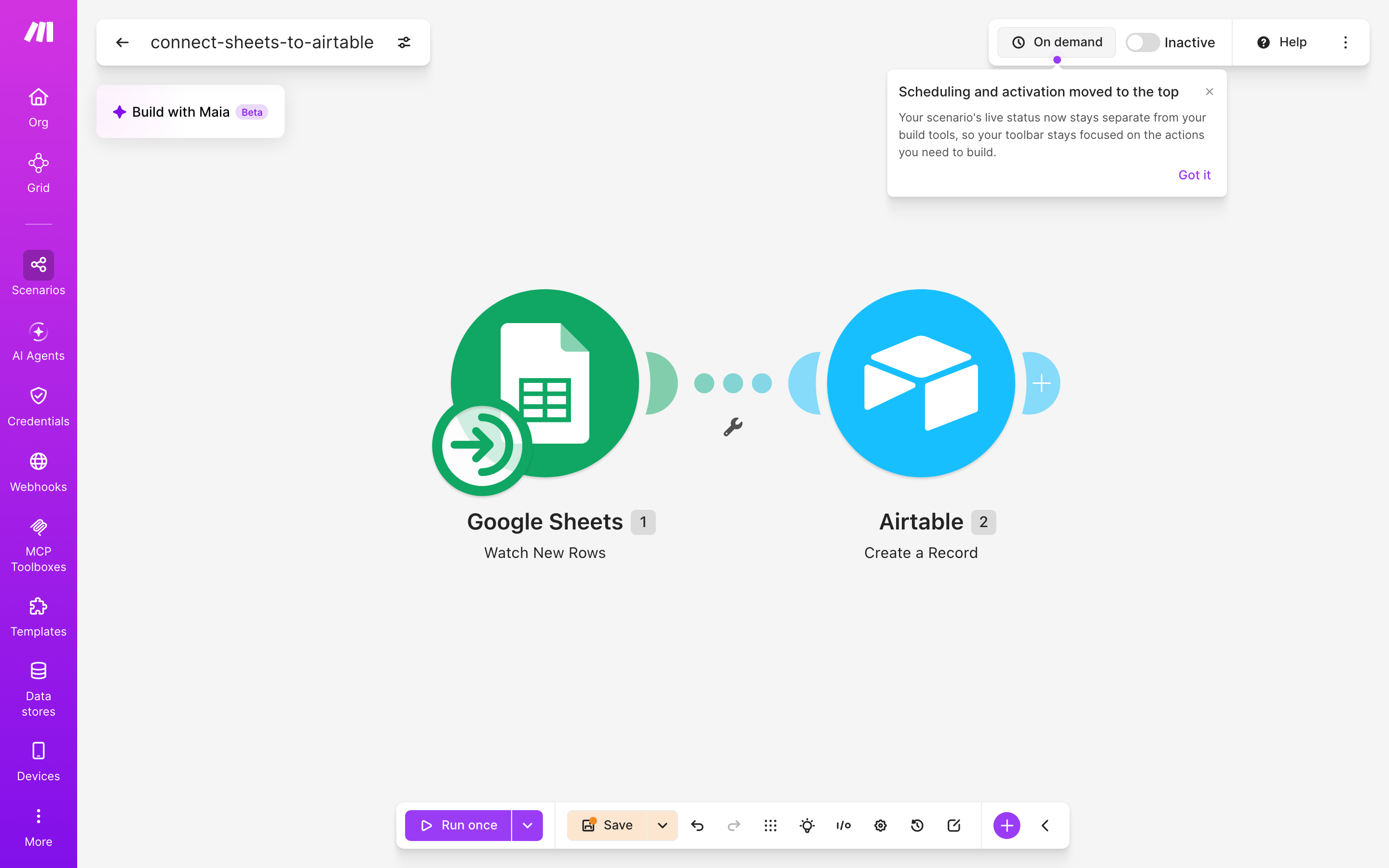 איך מחברים Google Sheets ל-Airtable — שורה חדשה בגיליון → נוצרה רשומה 2 עורך התרחיש — Google Sheets (Watch New Rows) → airtable (Action Create Record)