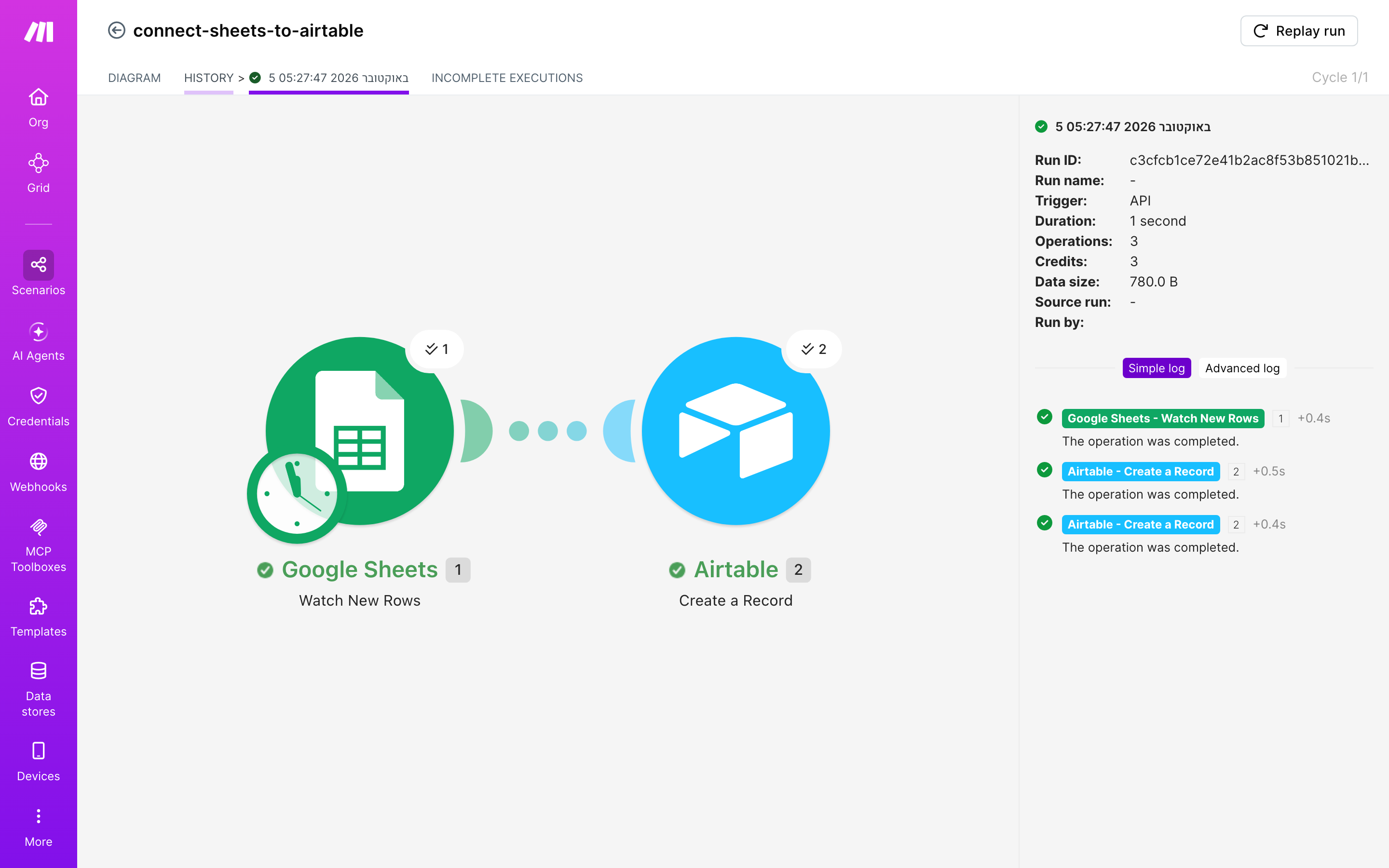 איך מחברים Google Sheets ל-Airtable — שורה חדשה בגיליון → נוצרה רשומה 5 היסטוריית-הריצות: ריצה ירוקה, 3 פעולות, 5.10.2026