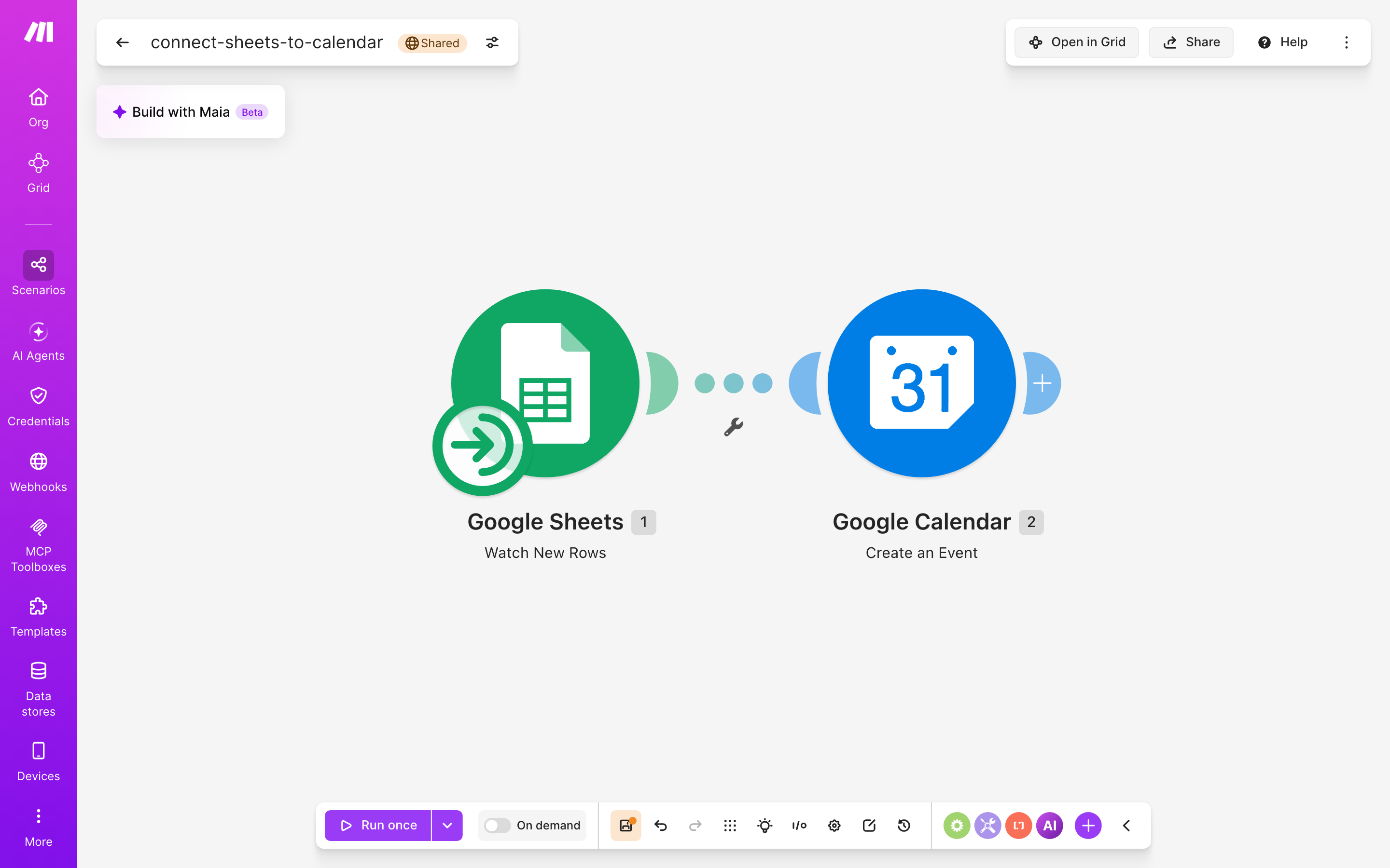 איך מחברים Google Sheets ל-Google Calendar — שורה חדשה בגיליון → נוצר אירוע ביומן 2 עורך התרחיש — Google Sheets (Watch New Rows) → Google Calendar (Create an Event)