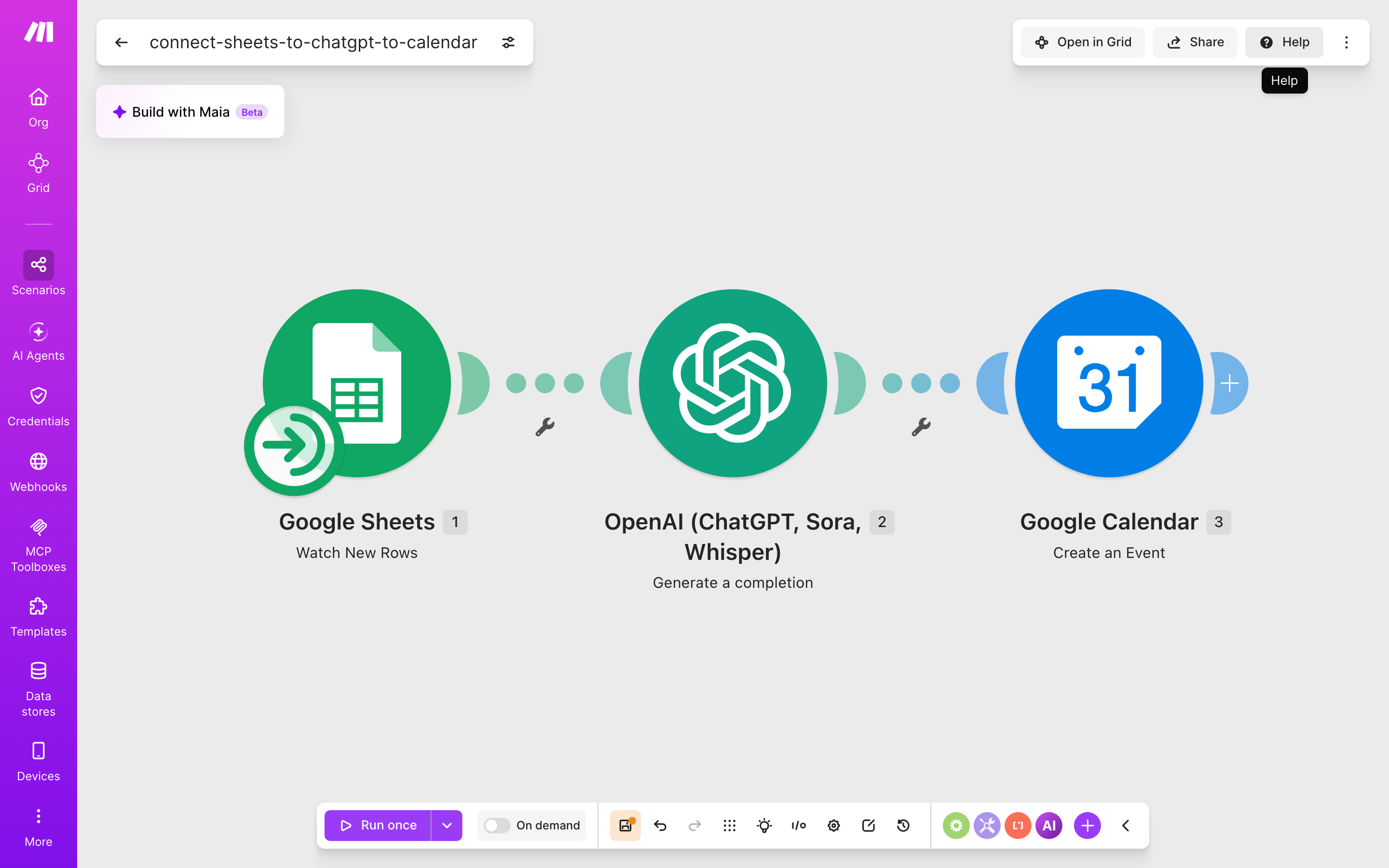 איך מחברים Google Sheets ל-Google Calendar — שורה חדשה בגיליון → ChatGPT מנסח בעברית → נוצר אירוע ביומן 2 עורך התרחיש — Google Sheets (Watch New Rows) → ChatGPT (Generate a completion) → Google Calendar (Create an Event)