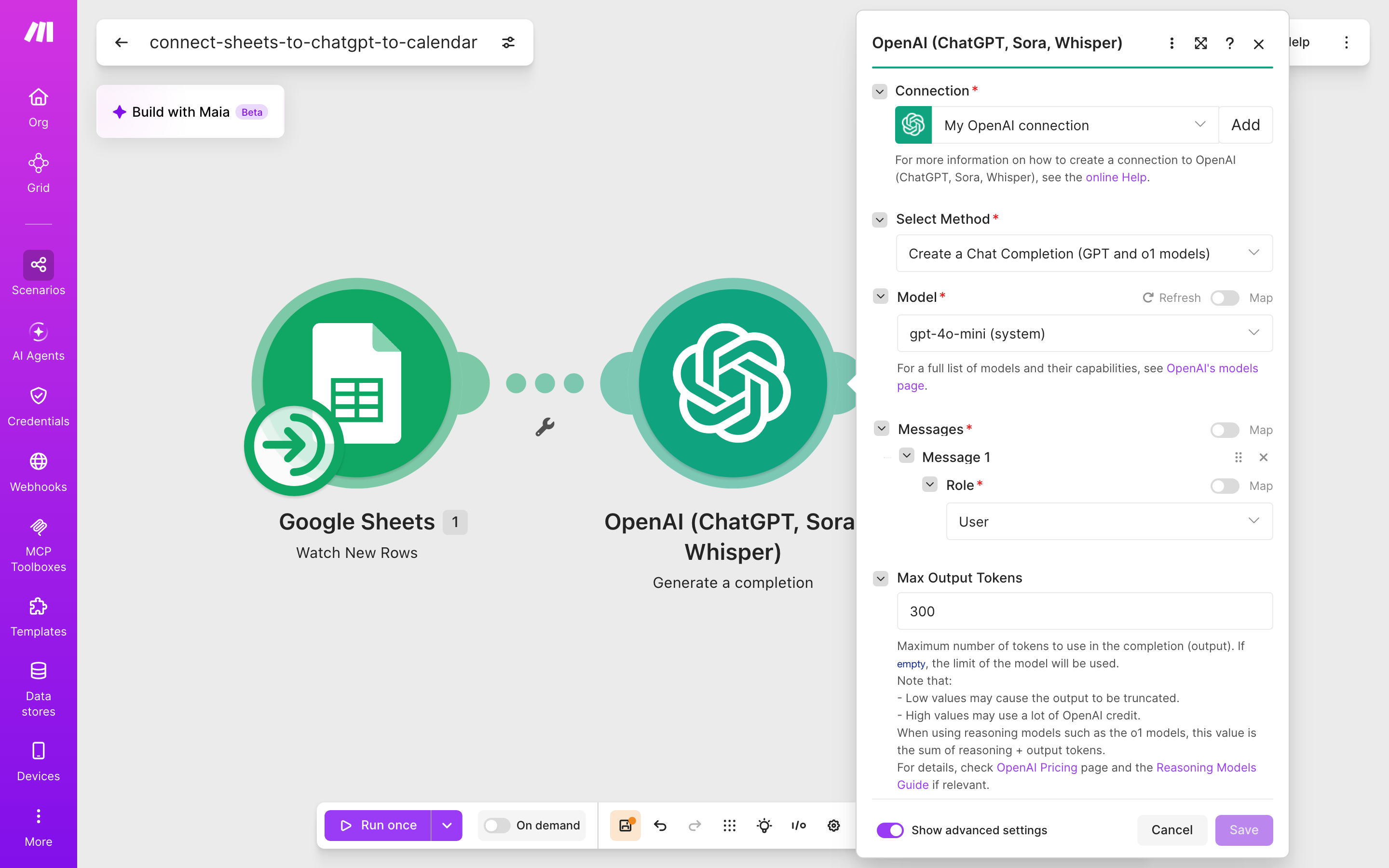 איך מחברים Google Sheets ל-Google Calendar — שורה חדשה בגיליון → ChatGPT מנסח בעברית → נוצר אירוע ביומן 4 הגדרות המודול OpenAI (ChatGPT, Sora, Whisper) — Generate a completion: חיבור: My OpenAI connection · מודל: gpt-4o-mini · הודעה 1 (Role: User) · עד 300 טוקנים