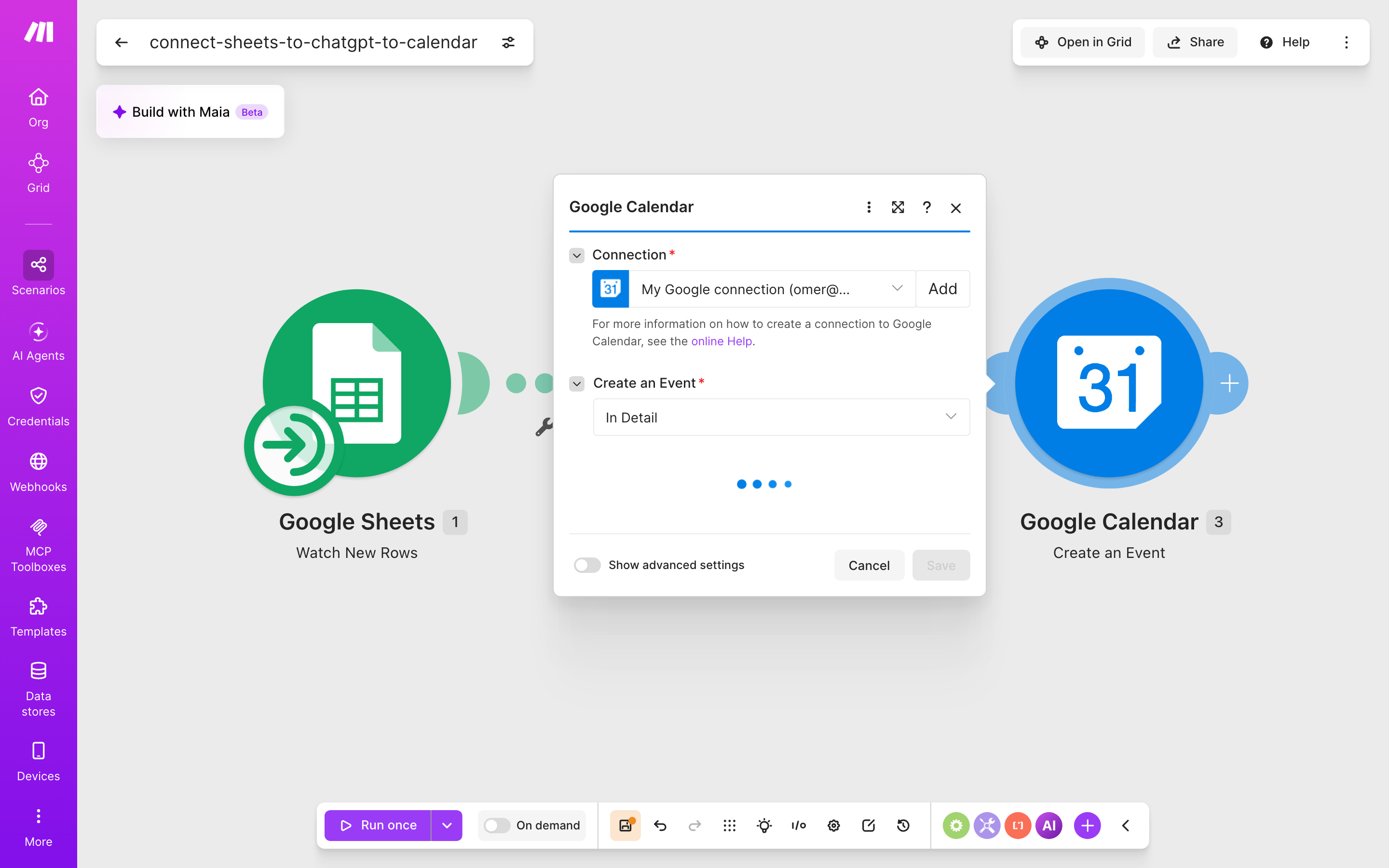 איך מחברים Google Sheets ל-Google Calendar — שורה חדשה בגיליון → ChatGPT מנסח בעברית → נוצר אירוע ביומן 5 הגדרות המודול Google Calendar — Create an Event: חיבור: My Google connection · אירוע מפורט (In Detail)