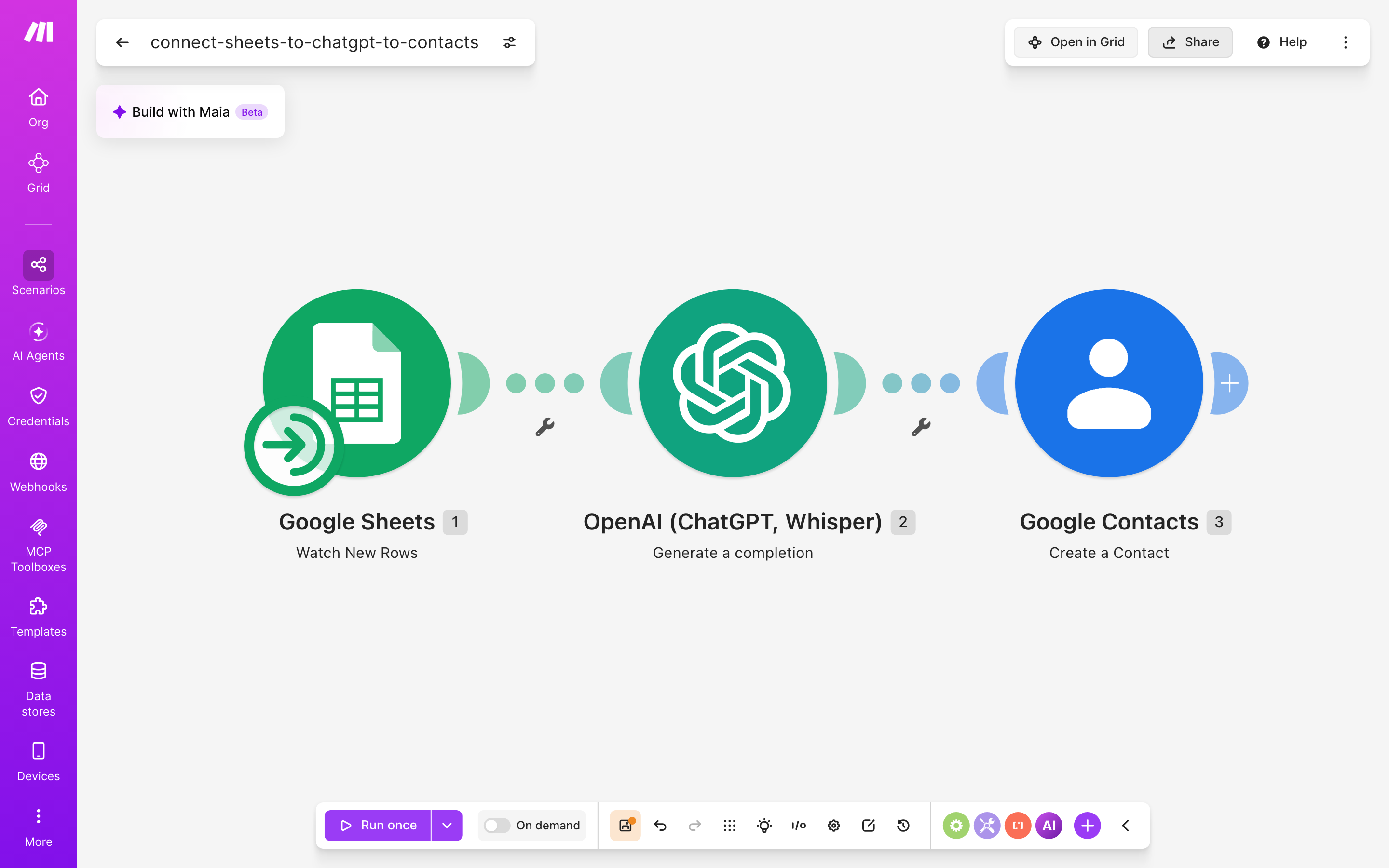 איך מחברים Google Sheets ל-contacts — שורה חדשה בגיליון → ChatGPT מנסח בעברית → נוצר איש-קשר 2 עורך התרחיש — Google Sheets (Watch New Rows) → ChatGPT (Generate a completion) → Google Contacts (Create a Contact)